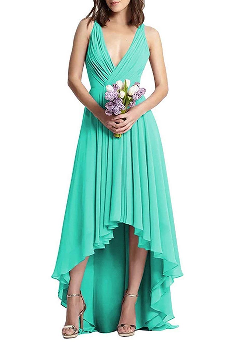 Elegant JAEDEN V-Neck High-Low Chiffon Bridesmaid Dress for Wedding Guest & Prom - Perfect for Bridal Party, Formal Events & Special Occasions