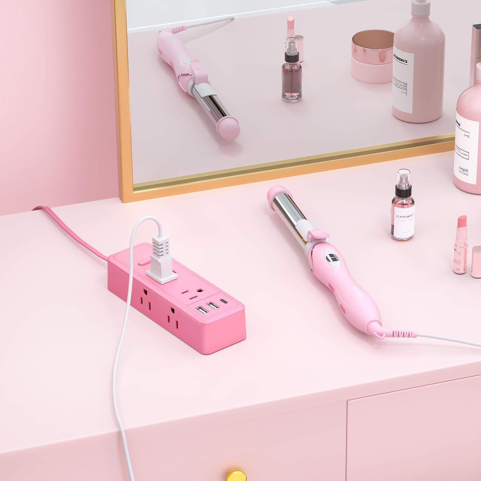 NTONPOWER 5 ft Pink Extension Cord with Surge Protector - 6 Outlets & 3 USB Ports (1 USB-C) - 1080 Joules Protection - Flat Plug Power Strip for Home, Office, Dorm - Perfect for Charging Multiple Devices & Small Appliances