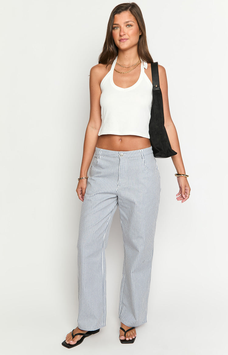 Amity Navy Stripe Mid Rise Straight Leg Jeans for Women - Comfortable Stretch Denim Pants, Casual & Office Wear, Perfect for Everyday Outfits and Work Attire