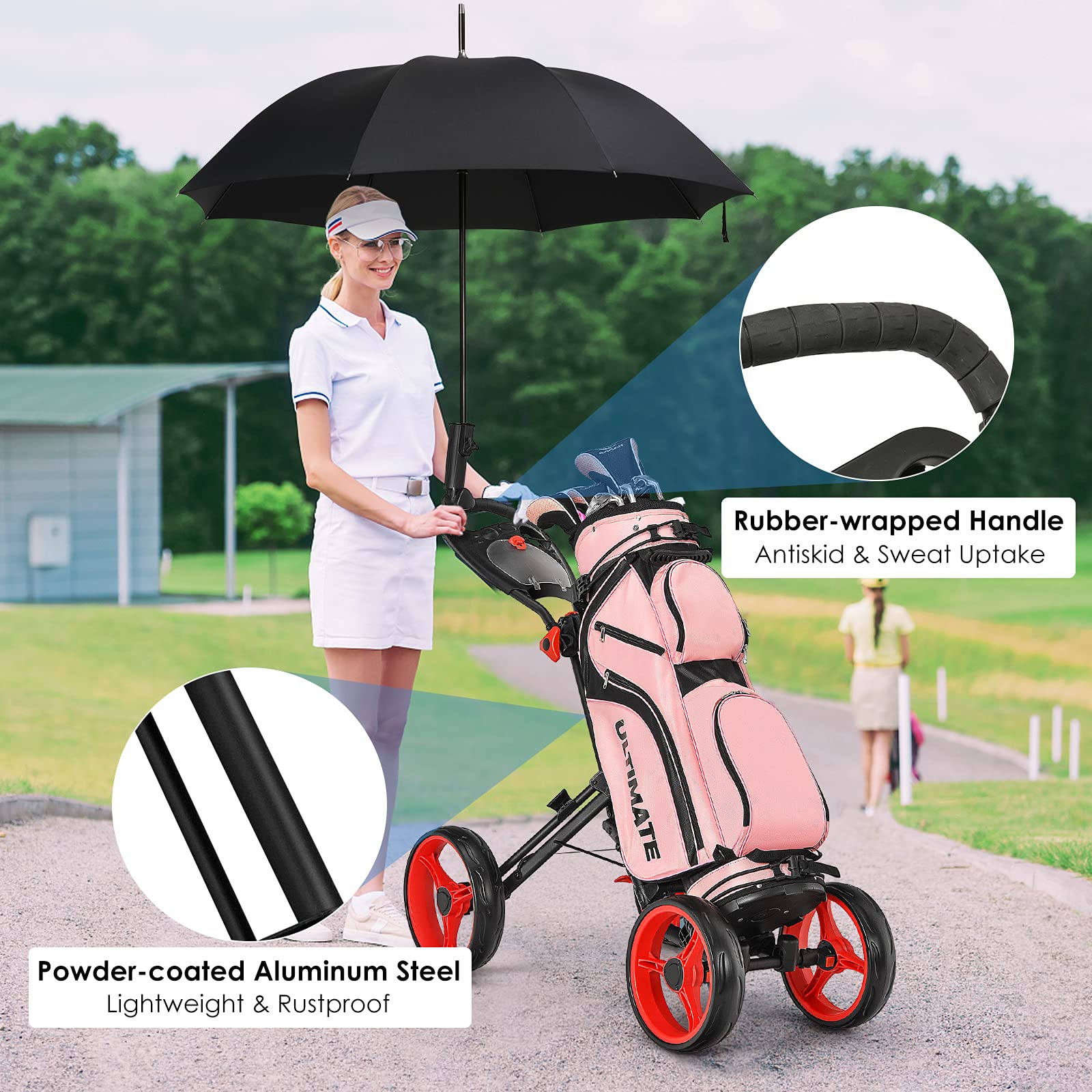 GYMAX 4 Wheel Folding Golf Push Cart - Adjustable Height Golf Trolley with Umbrella Holder, Cup Holder & Foot Brake | Lightweight Portable Golf Caddy for Adults & Teens | Perfect for Course, Driving Range & Practice Sessions