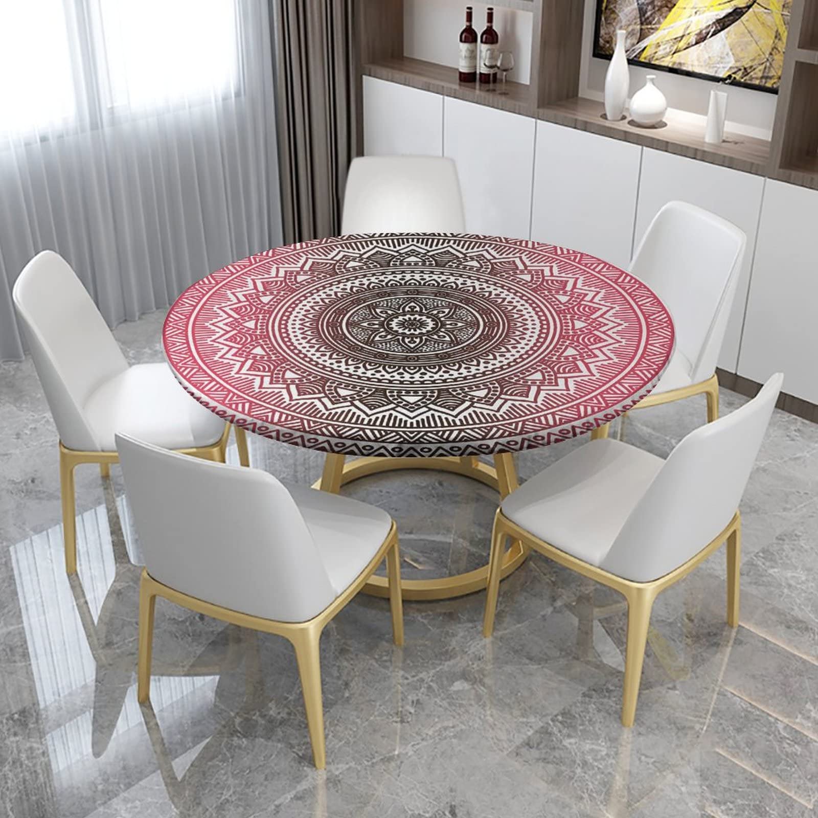 SongYi Boho Elastic Edge Waterproof Round Tablecloth - Washable & Wipeable Fabric Table Cover for 48 Inch Table (Light Pink) - Perfect for Indoor & Outdoor Parties, Picnics, Dining, and Home Decor