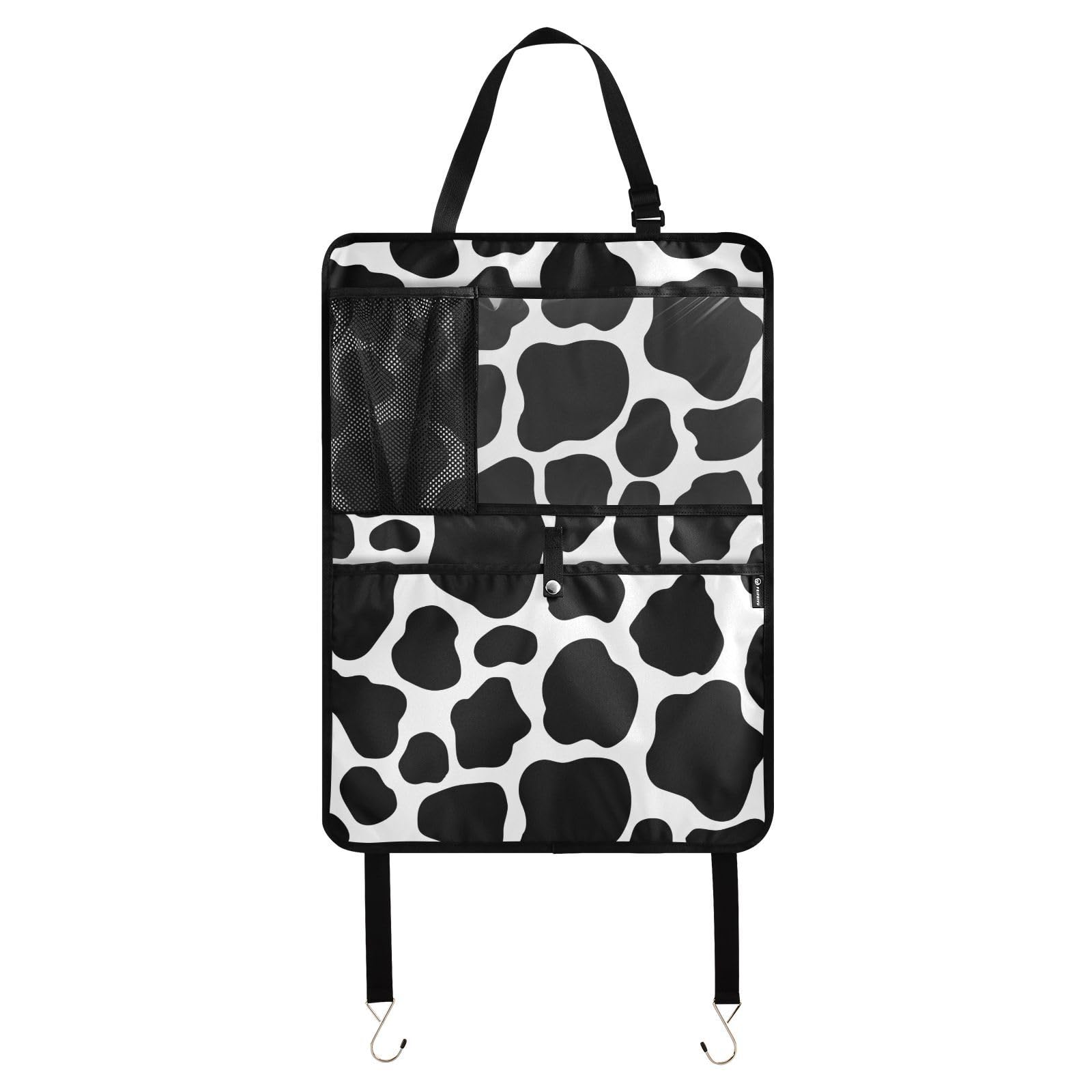 Aflyko Car Seat Back Organizer - Black & White Cow Print Kick Mat with Pockets, Backseat Protector for Vehicles, 1 Pack - Perfect for Road Trips, Travel & Daily Commute