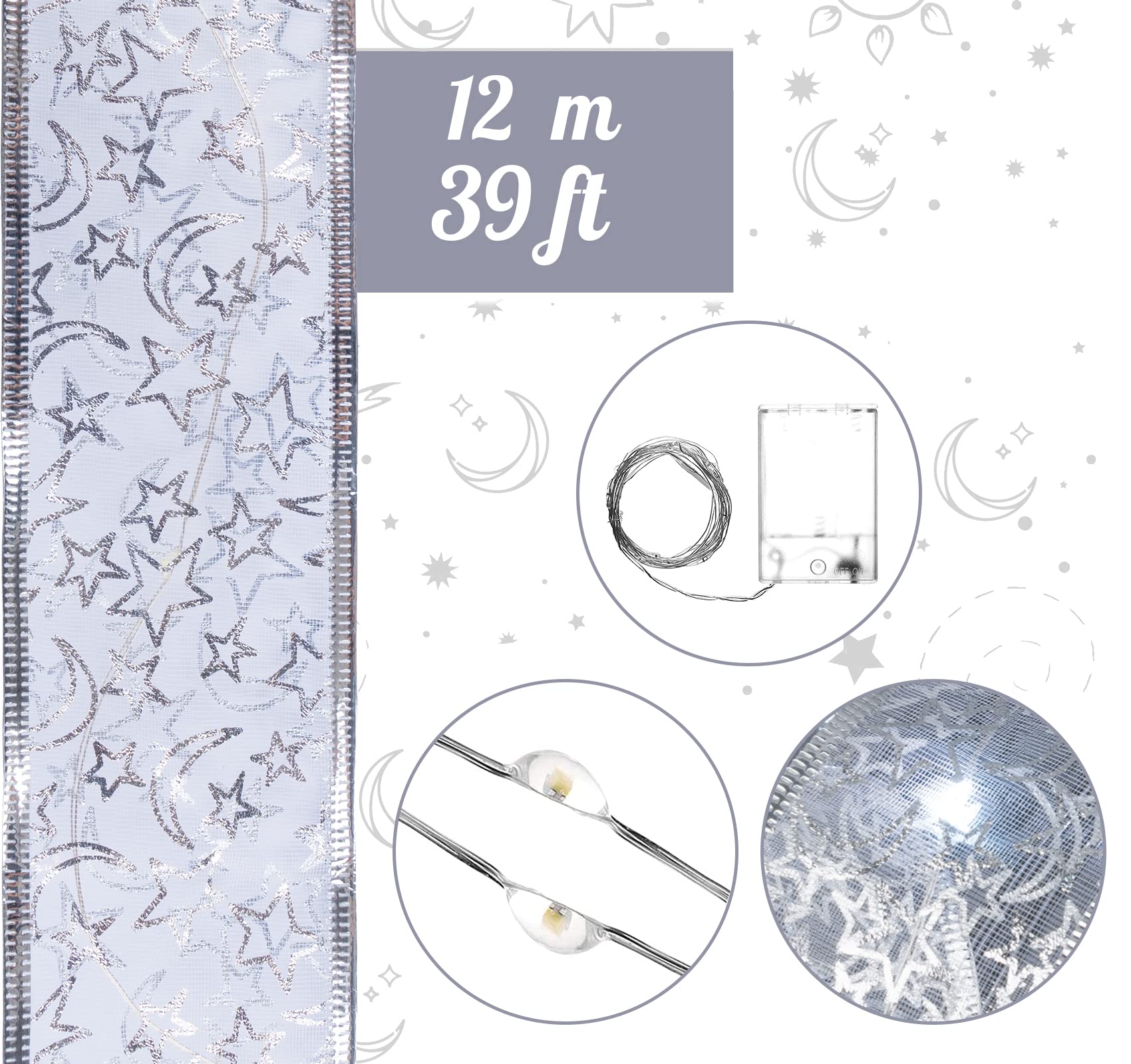 iLauke 39ft Silver Christmas Ribbon Lights - 120 LED Battery Operated Fairy String Lights for Indoor/Outdoor Holiday Decor | Perfect for Christmas Trees, Wreaths, Mantels & Party Decorations (White Light)