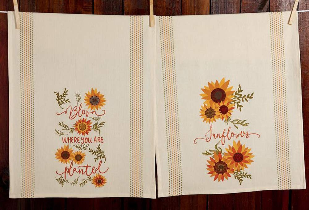 Design Imports DII Set of 2 Sunny Sunflower Printed Kitchen Dish Towels - Bloom Where You Are Planted - Farmhouse Kitchen Decor for Cooking, Baking & Hosting