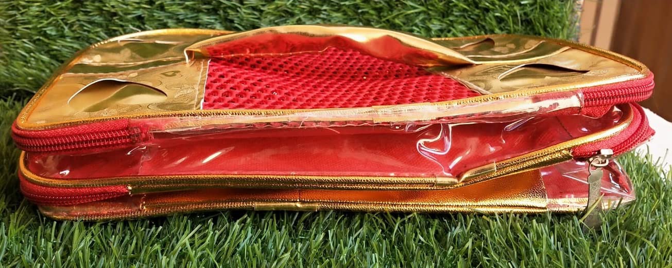 Salvus APP SOLUTIONS Adjustable Makeup Organizer Case - Cosmetic Storage Pouch for Women & Girls, Jewelry Accessories Organizer (Golden & Red, 10x7 Inch) - Perfect for Travel, Home Vanity & Daily Use