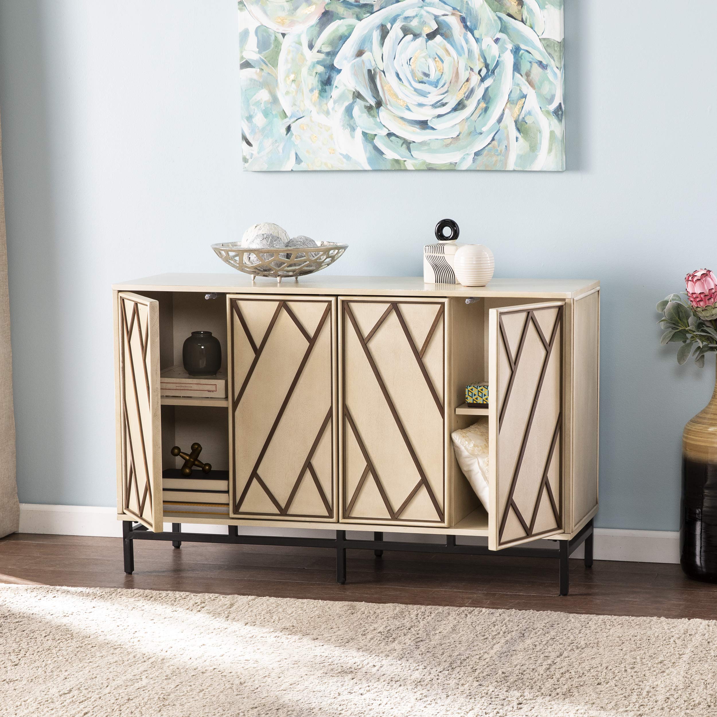 SEI Furniture Bremling Buffet Sideboard - Antique Cream & Black Finish - Elegant Dining Room Storage Cabinet for China, Linens & Entertaining Essentials