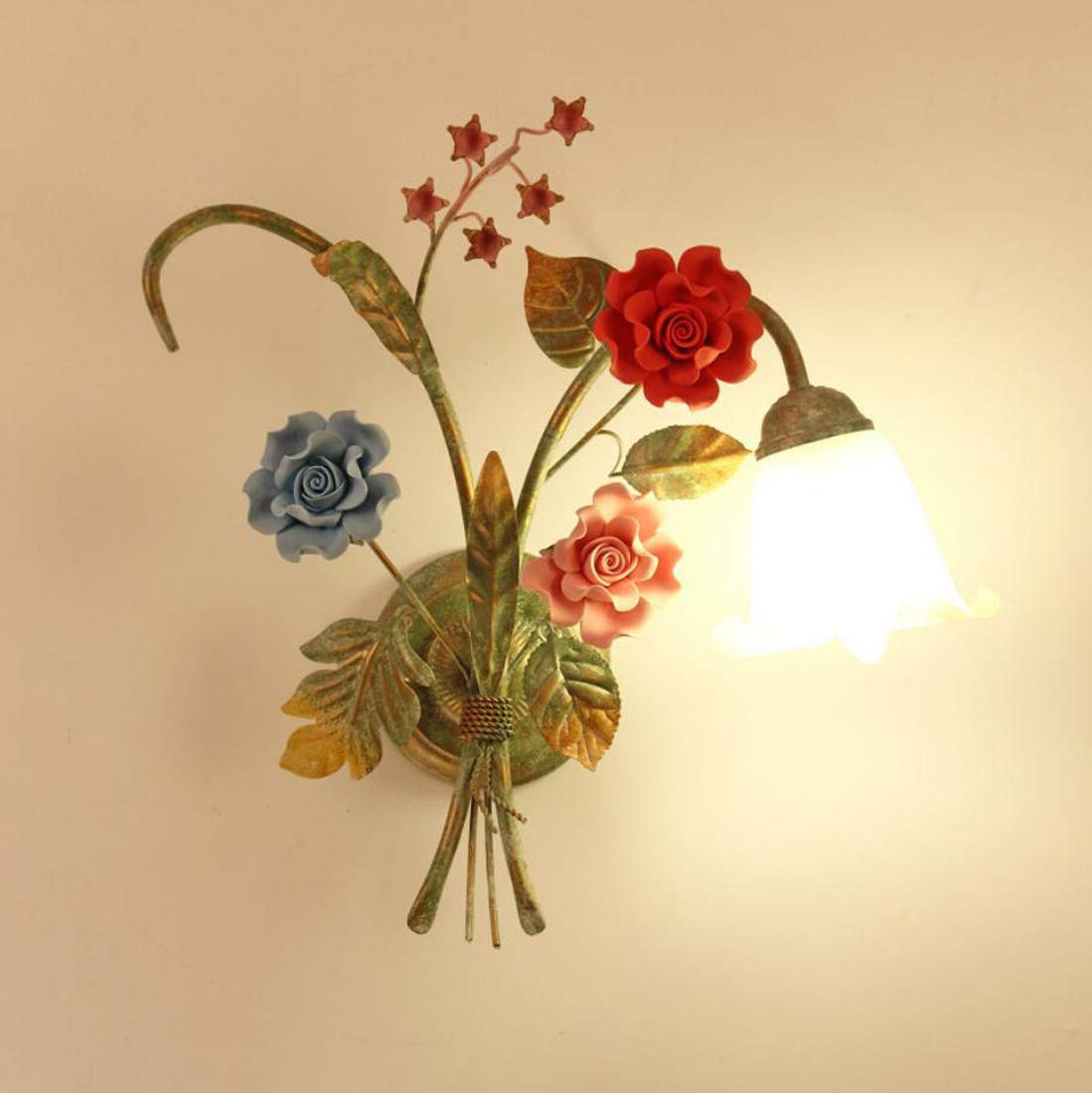 Rustic Pastoral Wall Lamps with Floral Glass Shade - Ceramic Red Rose Wall Sconce Lights for Bedroom, Living Room, Hallway & Balcony - Perfect for Cozy Home Decor, Romantic Ambiance and Vintage Style Interiors
