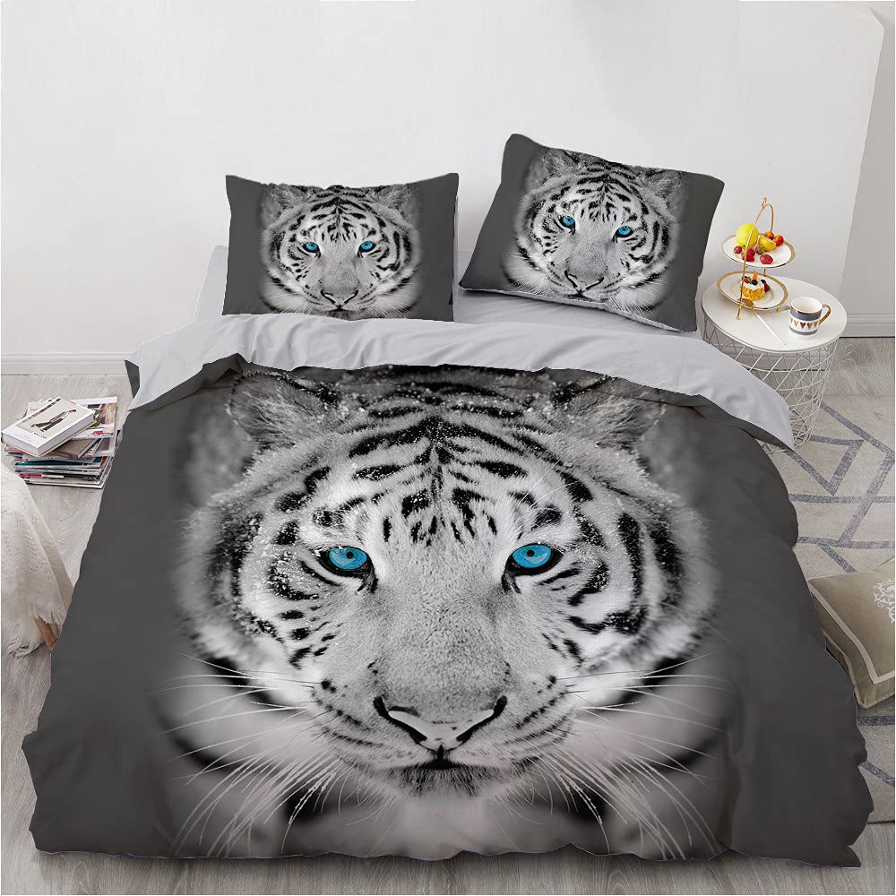 3D Tiger Wildlife Print Duvet Cover Set - Gray Microfiber Bedding Set with Pillowcases (Twin/Full/Queen/King Size) - Soft & Breathable Comforter Set for Cozy Bedroom Decor - Perfect for Jungle Theme Rooms, Kids' Bedrooms & Wildlife Enthusiasts (King Size, 3pc, 259x229cm)