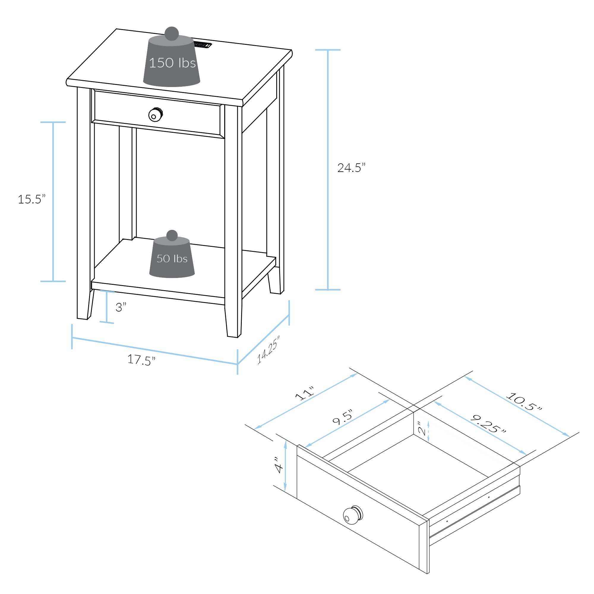 Casual Home Night Owl Nightstand with USB Ports - Warm Brown Wood Bedside Table for Bedroom, Living Room & Office - Charging Station & Storage Solution