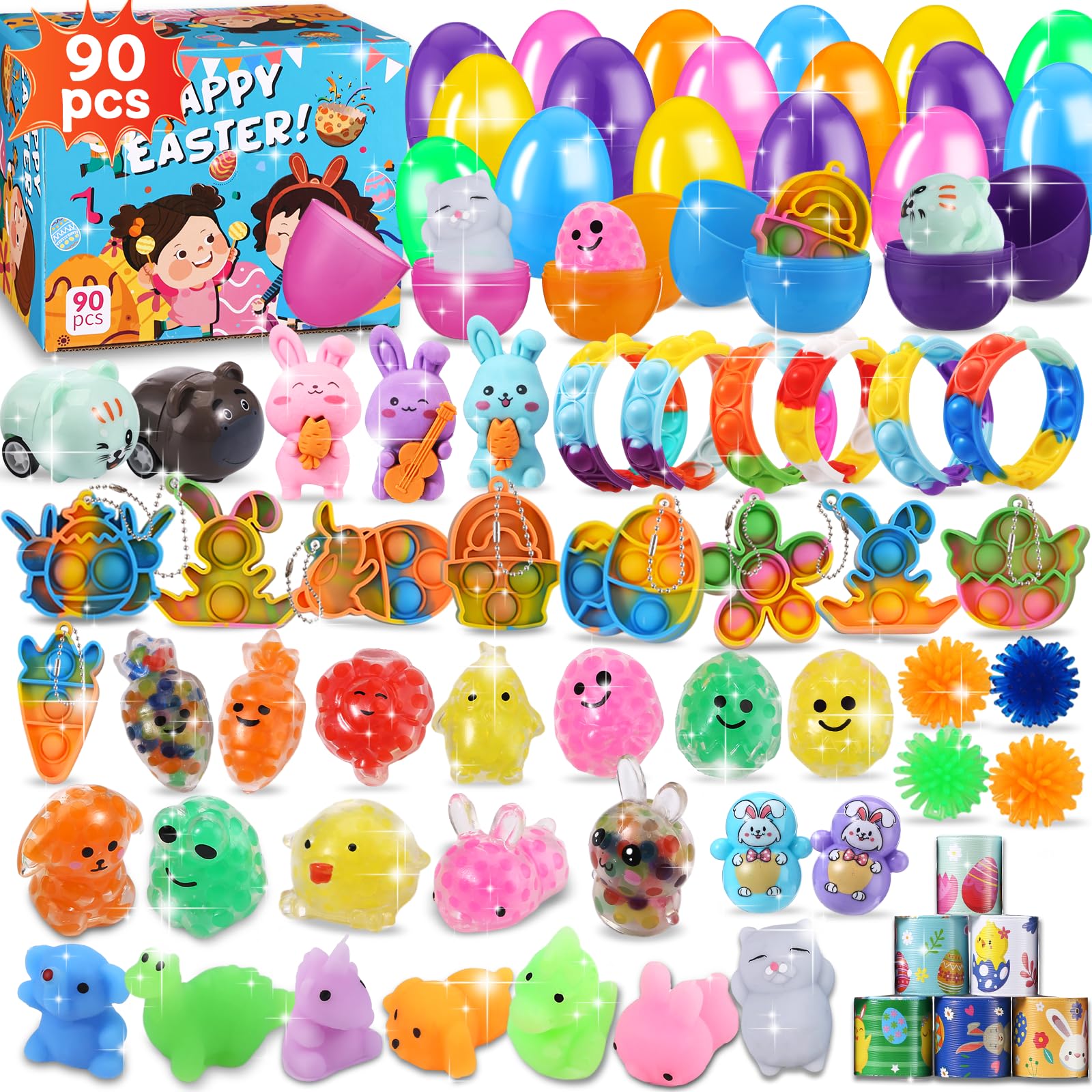 90 PCS Easter Egg Fillers with Surprise Toys Inside - Easter Egg Hunt Basket Stuffers, Party Favors, Fidget Toys Assortment for Kids - Perfect for Easter Celebrations, Birthday Parties & Classroom Rewards