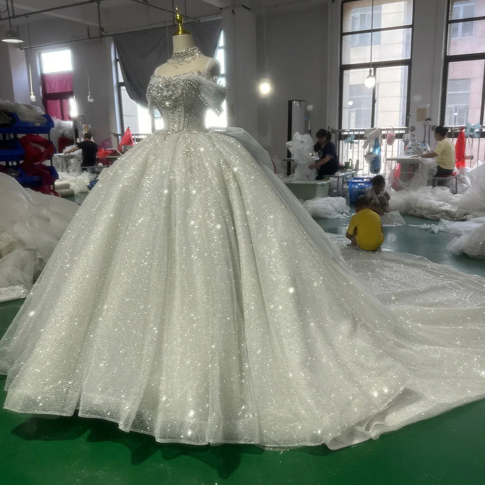 Elegant Off Shoulder Princess Wedding Gown with Beaded Details - Perfect for Bridal, Prom, and Formal Occasions