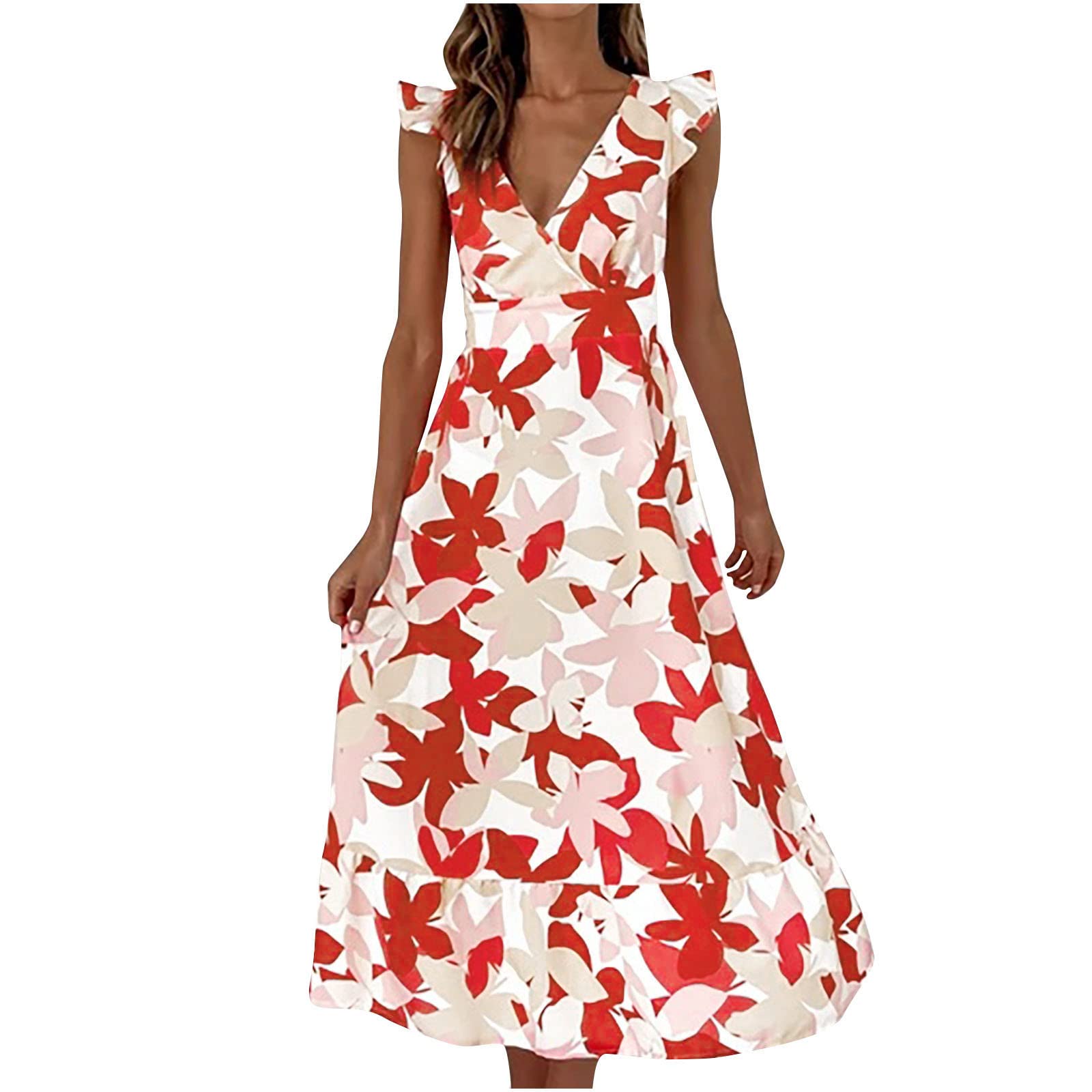 Women's Summer Sleeveless Boho Floral Print Sundress - Racerback Bandage Midi Dress with Flounced Edge for Beach, Vacation & Casual Wear