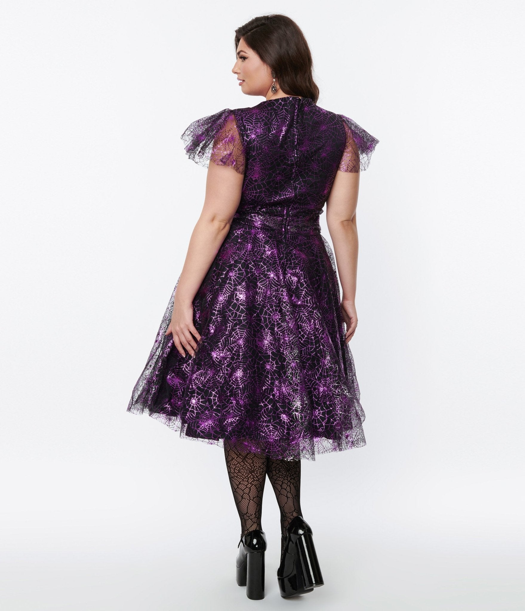 Magnolia Place Black & Purple Spider Web Midori Swing Dress - Gothic Halloween Costume, Vintage Retro Party Outfit for Women