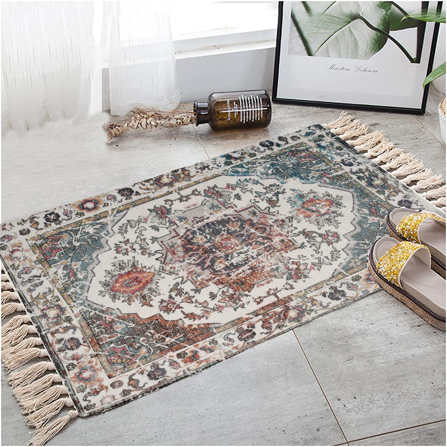 Boho Tribal Area Rug 2x3 - Machine Washable Indoor Outdoor Carpet for Living Room & Bedroom (White & Blue)