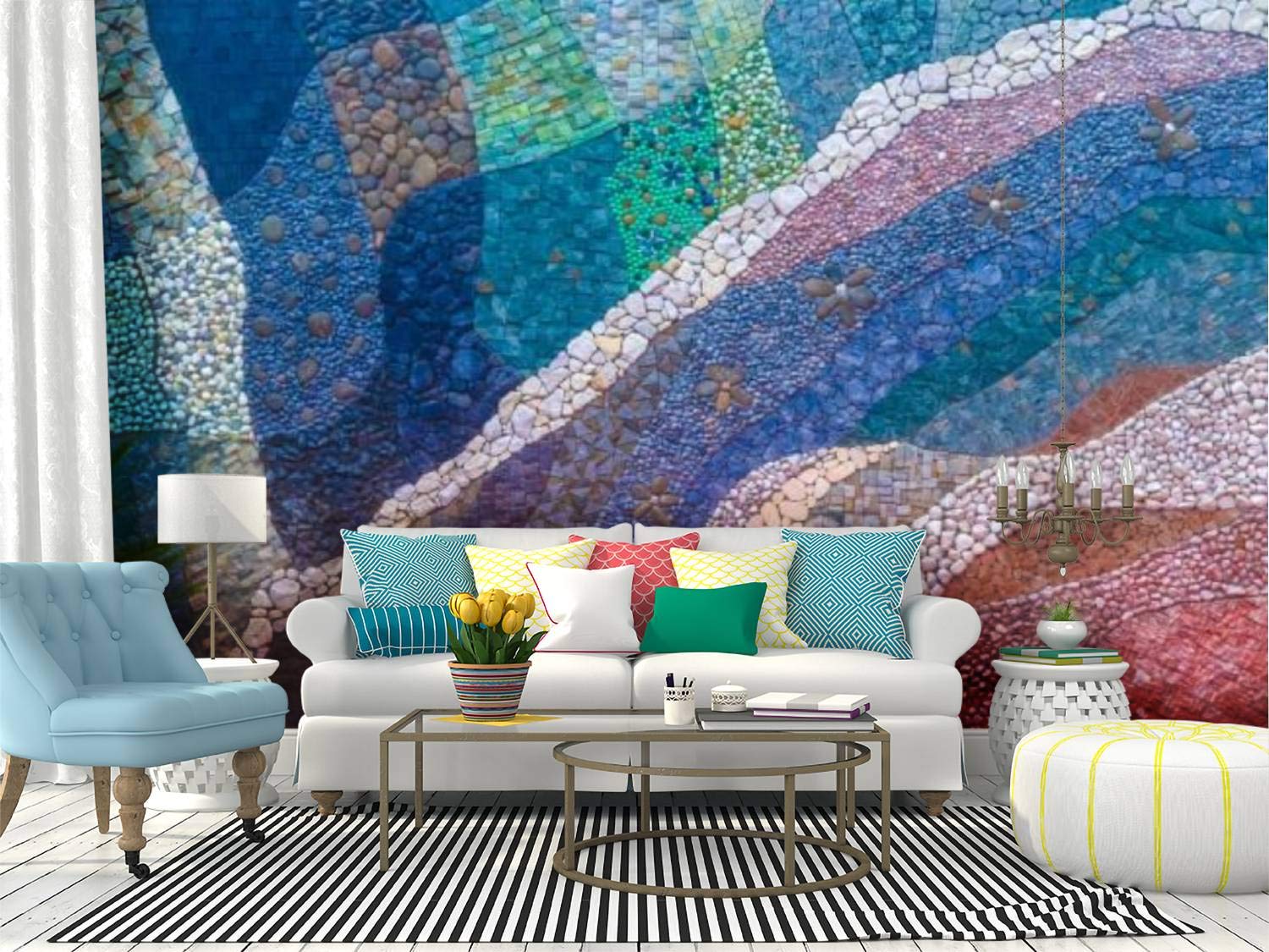 Colorful Mosaic Stone Peel and Stick Wallpaper - Self-Adhesive Removable Vinyl Wall Sticker for Home Decor, Living Room, Bedroom & Office (Large Roll)