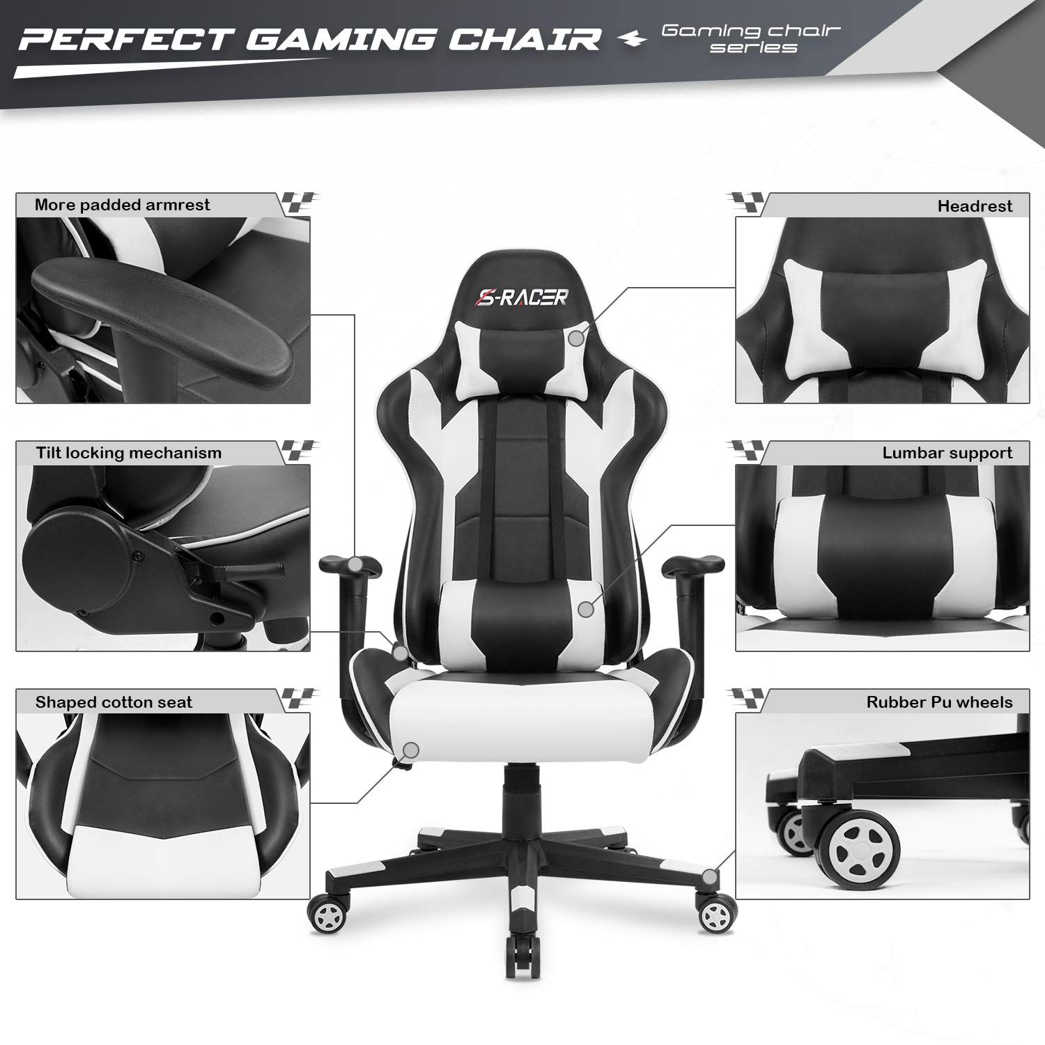 Furniwell Ergonomic Gaming Chair - High Back PU Leather Office Chair with Adjustable Headrest & Lumbar Support, Swivel Computer Desk Chair for Home & Office Use (White) - Perfect for Gaming, Working & Studying