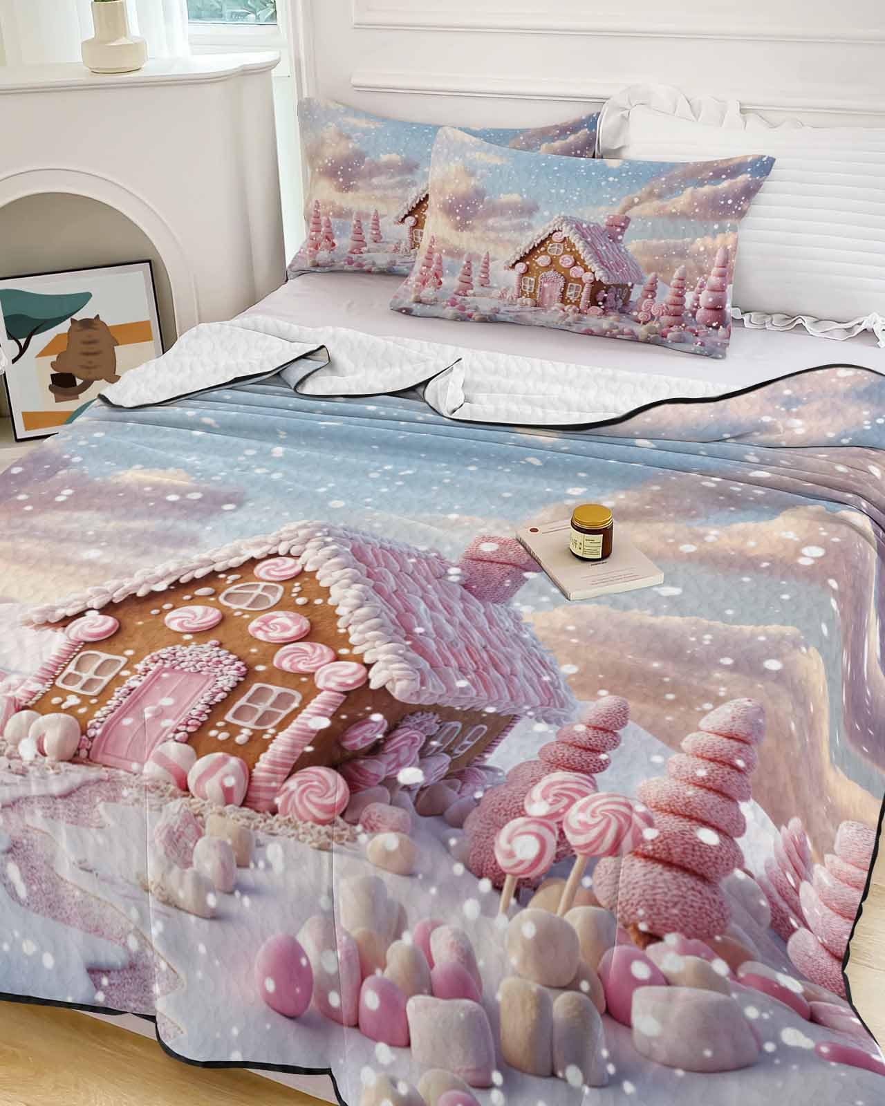 Pink Christmas Village Quilt Set - Full Size 3-Piece Microfiber Bedding with Pillow Shams | Lightweight Summer Quilt & All-Season Coverlet | Cozy Holiday Decor for Bedroom, Guest Room & Dorm