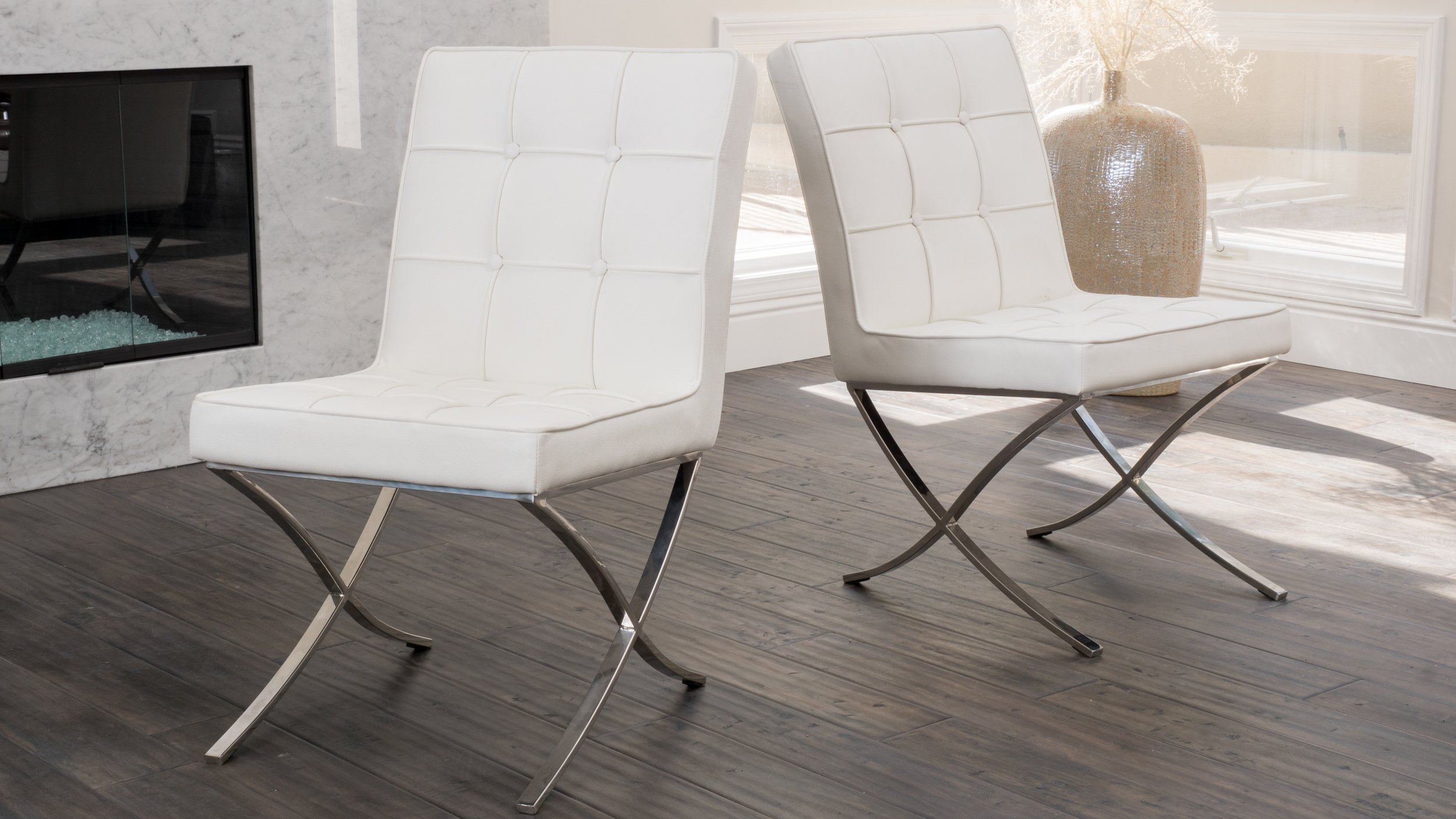 Premium Modern White Leather Dining Chairs Set of 2 - Genuine Corrected Grain Upholstery - Elegant Kitchen & Dining Room Furniture for Home & Restaurant Use