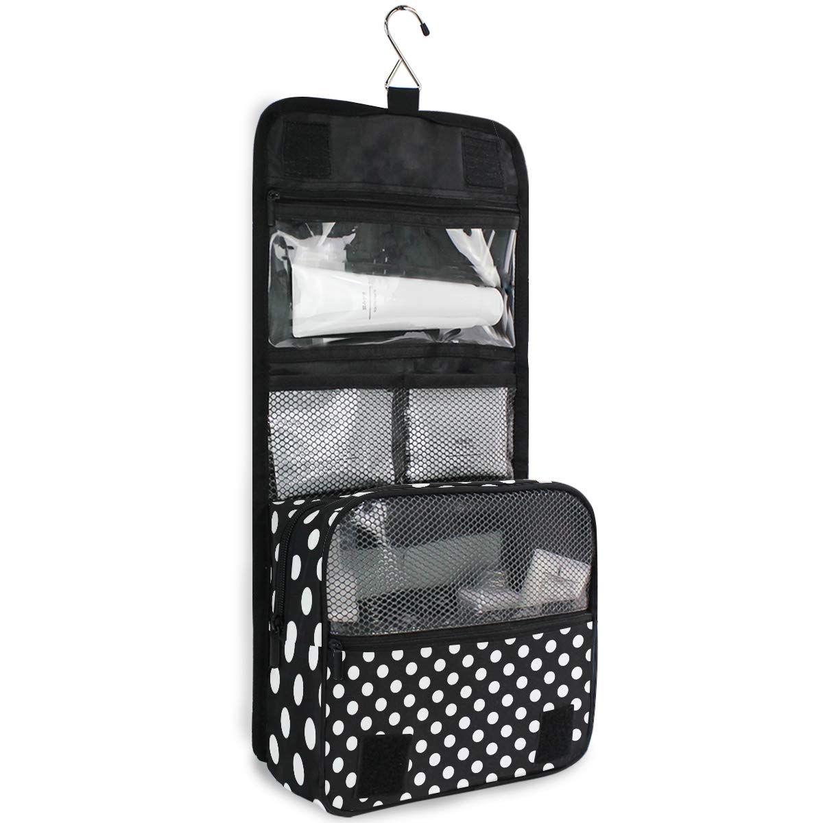 AGONA Hanging Toiletry Bag for Women & Men - Black White Polka Dot Travel Cosmetic Organizer with Sturdy Hook | Portable Makeup Pouch for Bathroom, Gym, Camping & Vacation Essentials Storage
