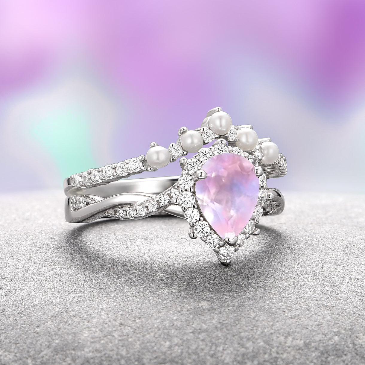 Briar Rose Quartz & Pearl Sterling Silver Ring Set for Women - Elegant Jewelry Gift for Valentine's Day, Anniversary & Special Occasions