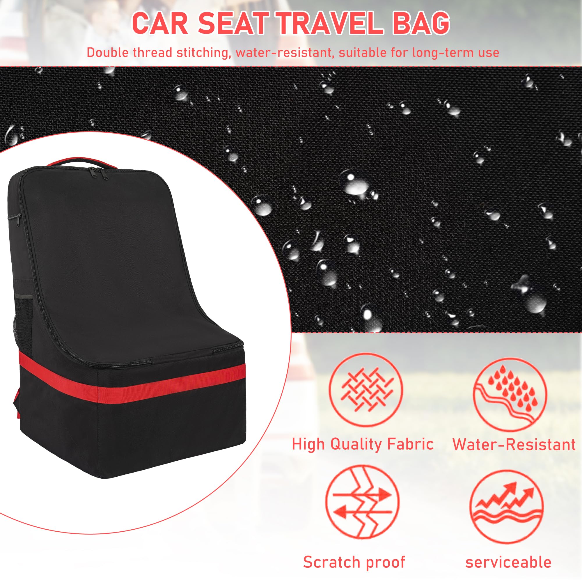 Heavy Duty Car Seat Travel Bag for Airplane Gate Check - Black & Red Car Seat Backpack with Adjustable Shoulder Strap | Perfect for Air Travel, Road Trips & Baby Gear Storage