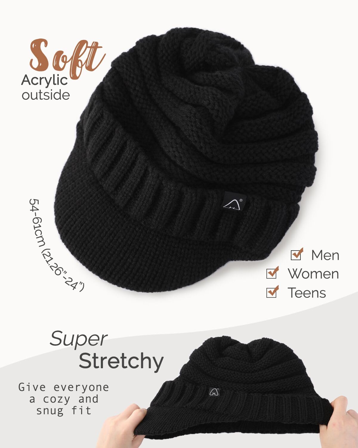 Satin Lined Winter Beanie Hat for Women & Men - Slouchy Knit Hat with Brim Visor - Warm Soft Unisex Beanie for Cold Weather - Perfect for Skiing, Snowboarding & Outdoor Activities