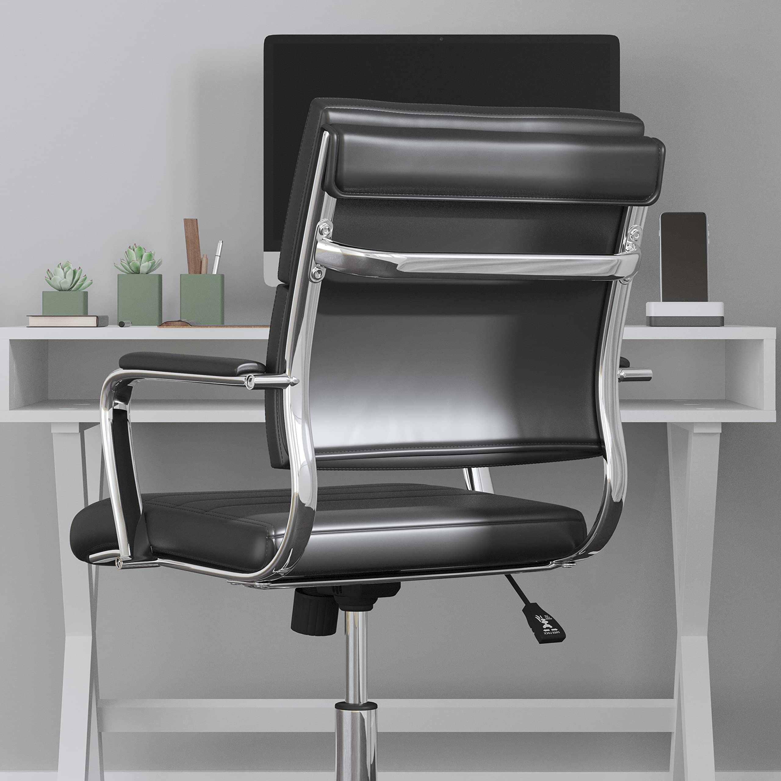 Merrick Lane McEntyre Mid-Back Ergonomic Office Chair - Faux Leather Executive Swivel Desk Chair with Adjustable Height & Padded Arms - Modern Panel Back Design for Home Office & Workspace Comfort