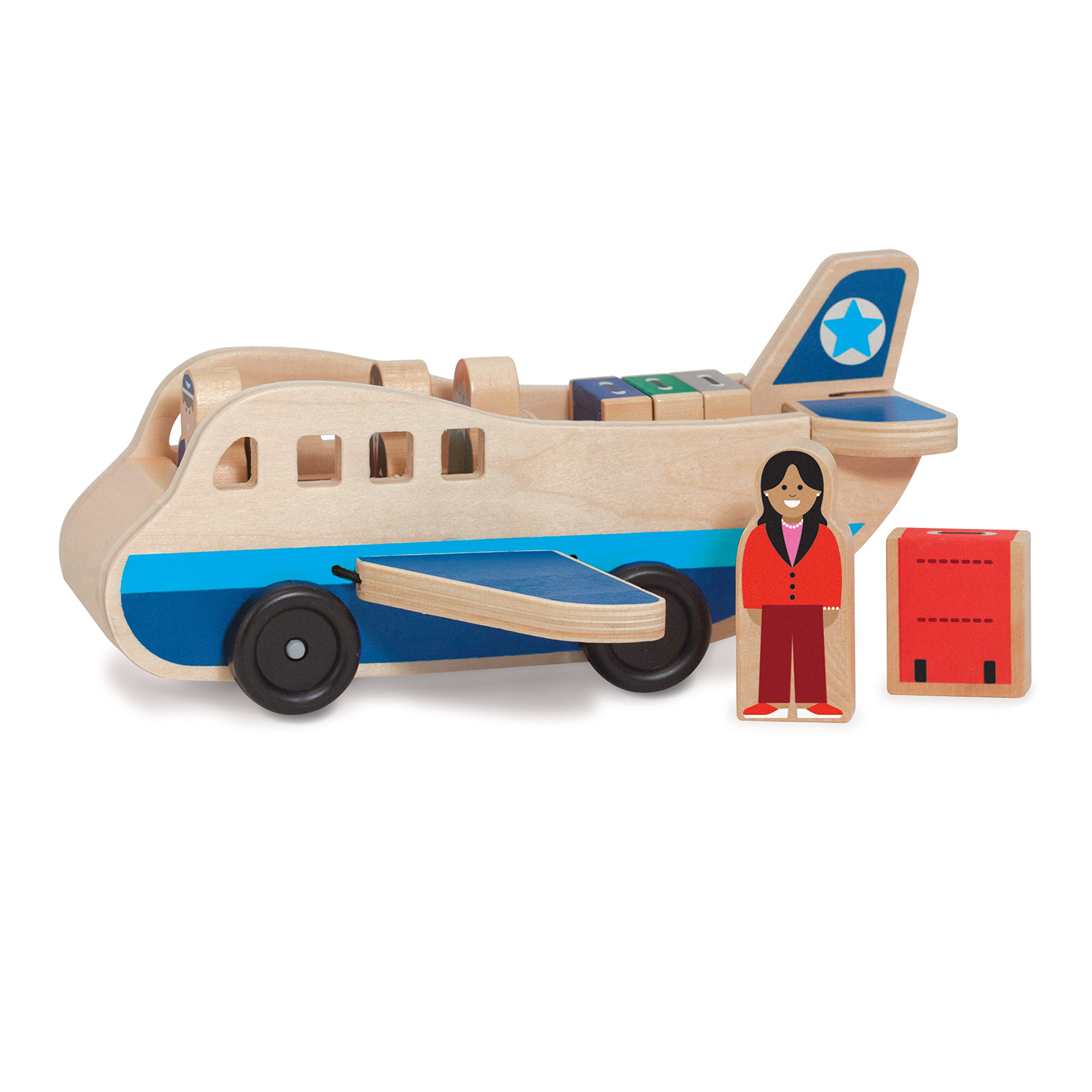 Melissa & Doug Wooden Airplane Play Set with 4 Figures & 4 Suitcases - Pretend Play Toy for Kids, Travel Adventure Role Play for Preschoolers & Toddlers