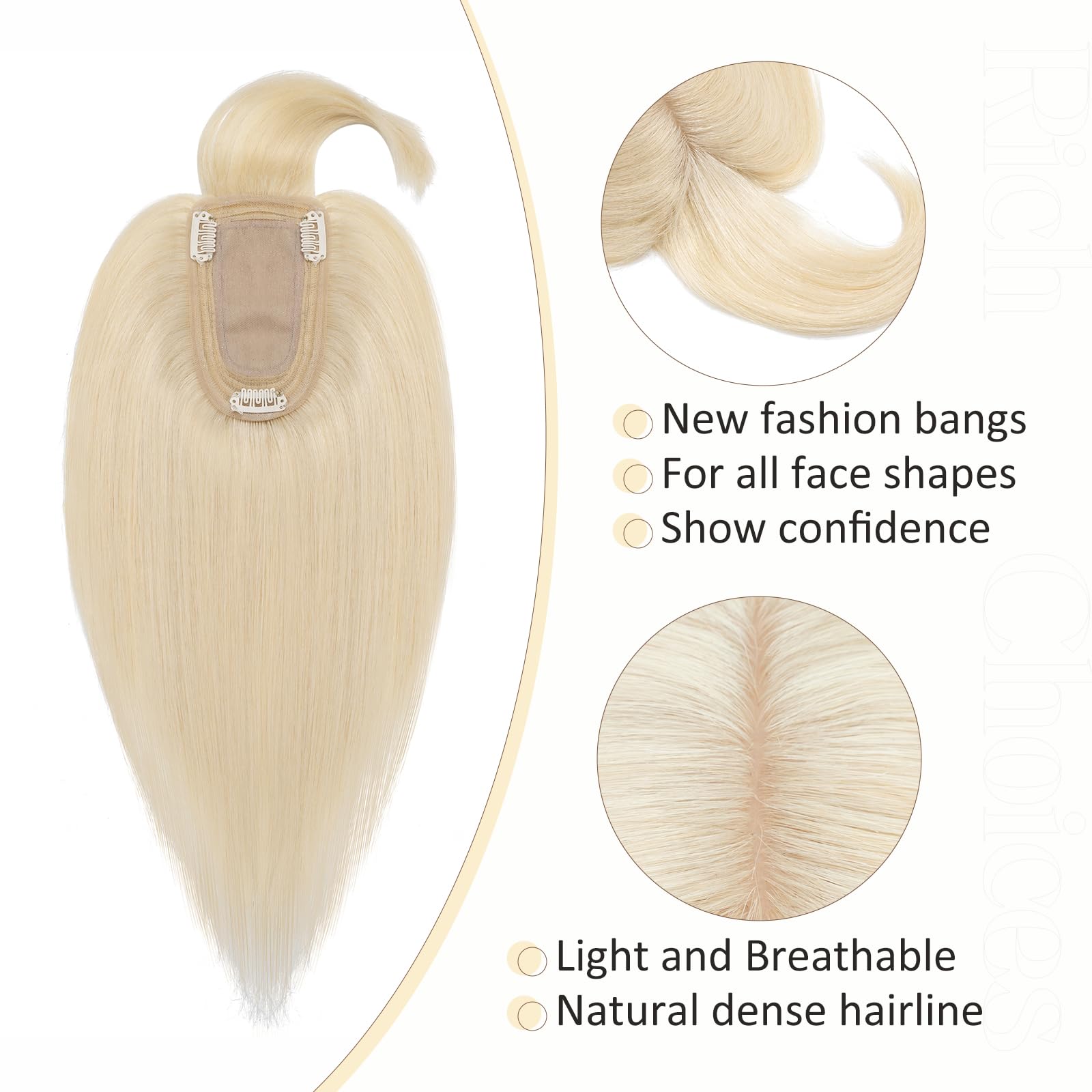 100% Real Human Hair Toppers for Women | Clip-In Hairpiece with Bangs | Handmade Middle Part Topper for Thinning Hair | #613 Bleach Blonde 10'' 33g | Perfect for Daily Wear, Parties & Special Occasions
