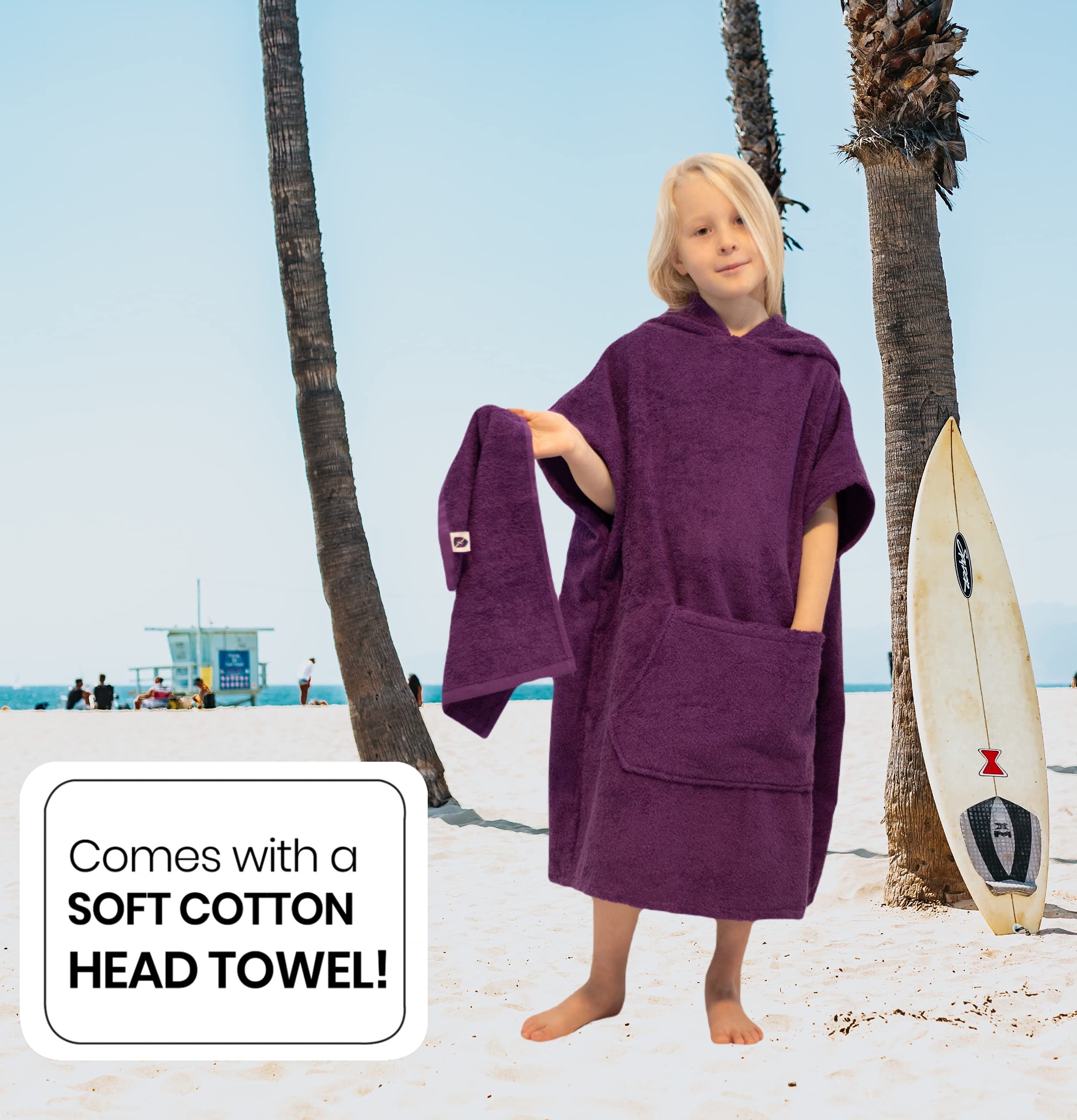 ALLEN & MATE Kids Swim Changing Robe - Quick Dry 100% Terry Cotton Beach Poncho Towel with Hood & Pocket for Boys & Girls | Perfect for Pool, Beach & Water Park After-Swim Wrap