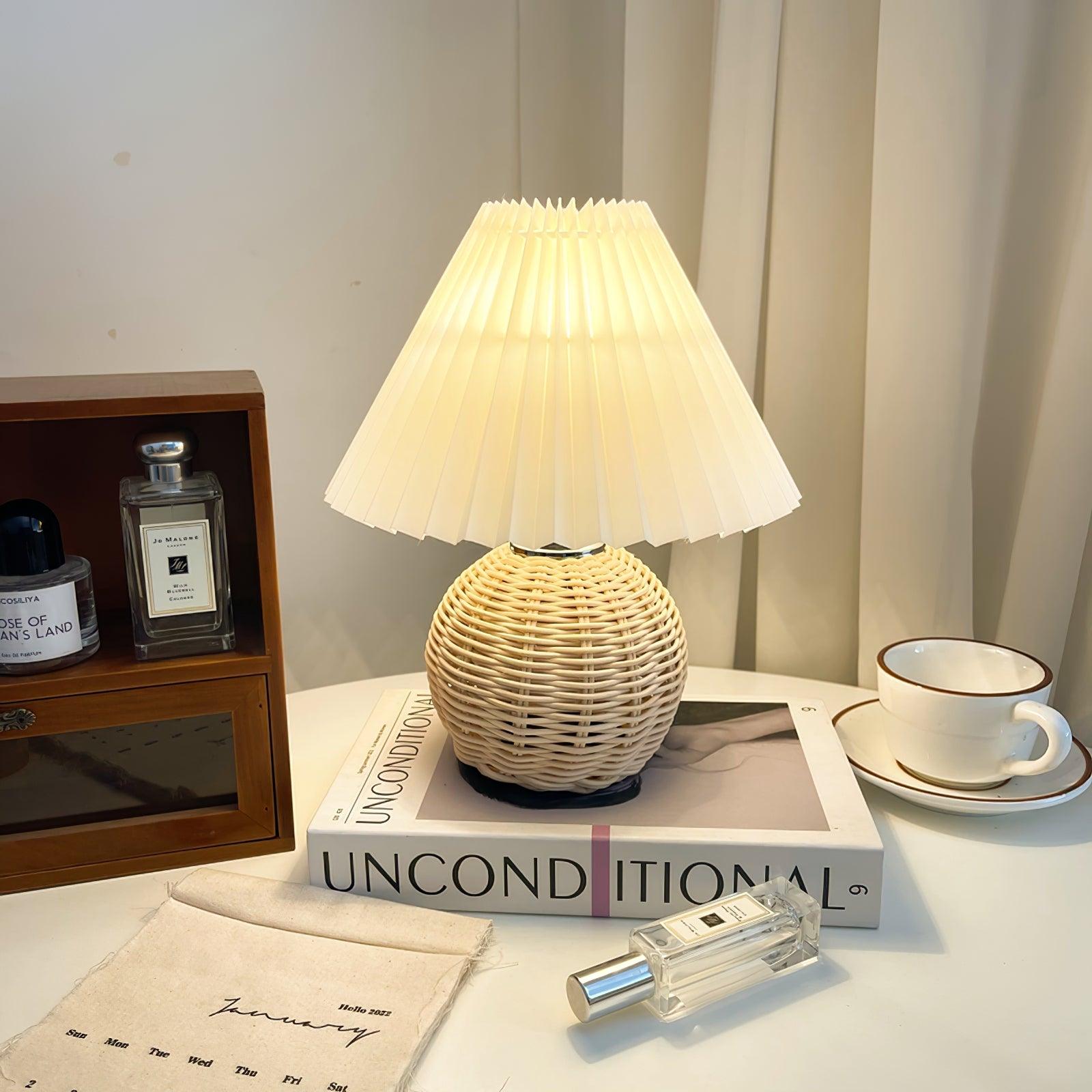 Rattan Pleated Table Lamp - Natural Woven Texture, Modern Boho Style for Bedroom, Living Room & Office Decor