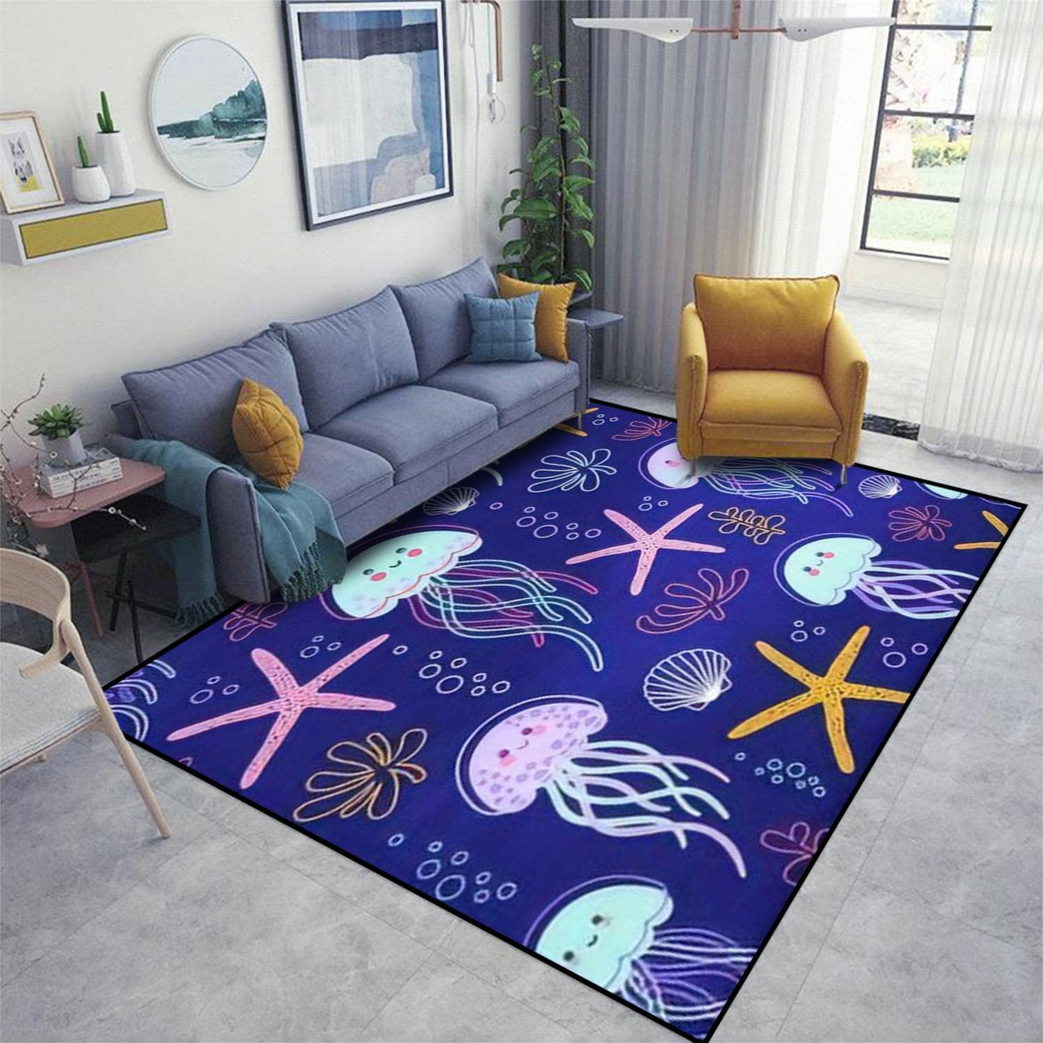 Under The Sea Seamless Neon Jellyfish Water Plants & Shells Rug - Soft Non-Slip Area Floor Mat for Living Room, Nursery, Door Mat - Indoor/Outdoor Use, Yoga Mat Runner - Perfect for Beach Theme Decor, Kids Room & Coastal Home Design