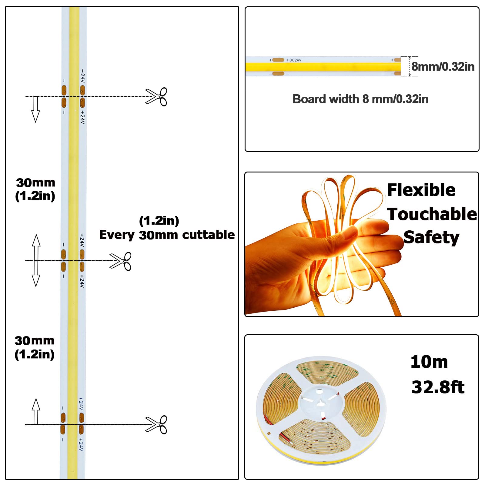 32.8ft (10M) 24V COB LED Strip Light Warm White 3000K - 3840 LEDs, CRI 93+, 6800lm, Uniform Glow, Dotless, IP20 Non-Waterproof, Flexible LED Tape Lights for DIY, Cabinet, Bedroom, Home Decor (No Power Supply) - Perfect for Accent Lighting, Under Cabinet Illumination, and Creative Home Projects