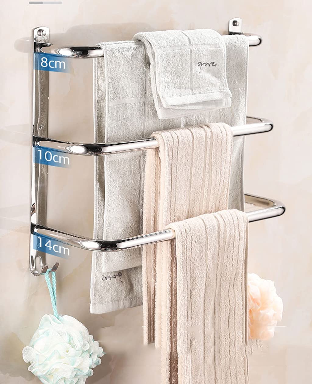 Stainless Steel 3-Bar Wall Mounted Towel Rack with 2 Hooks - 60cm/23.6in Bathroom Towel Holder, Waterproof & Durable for Kitchen, Laundry Room, Spa, Gym Locker Room