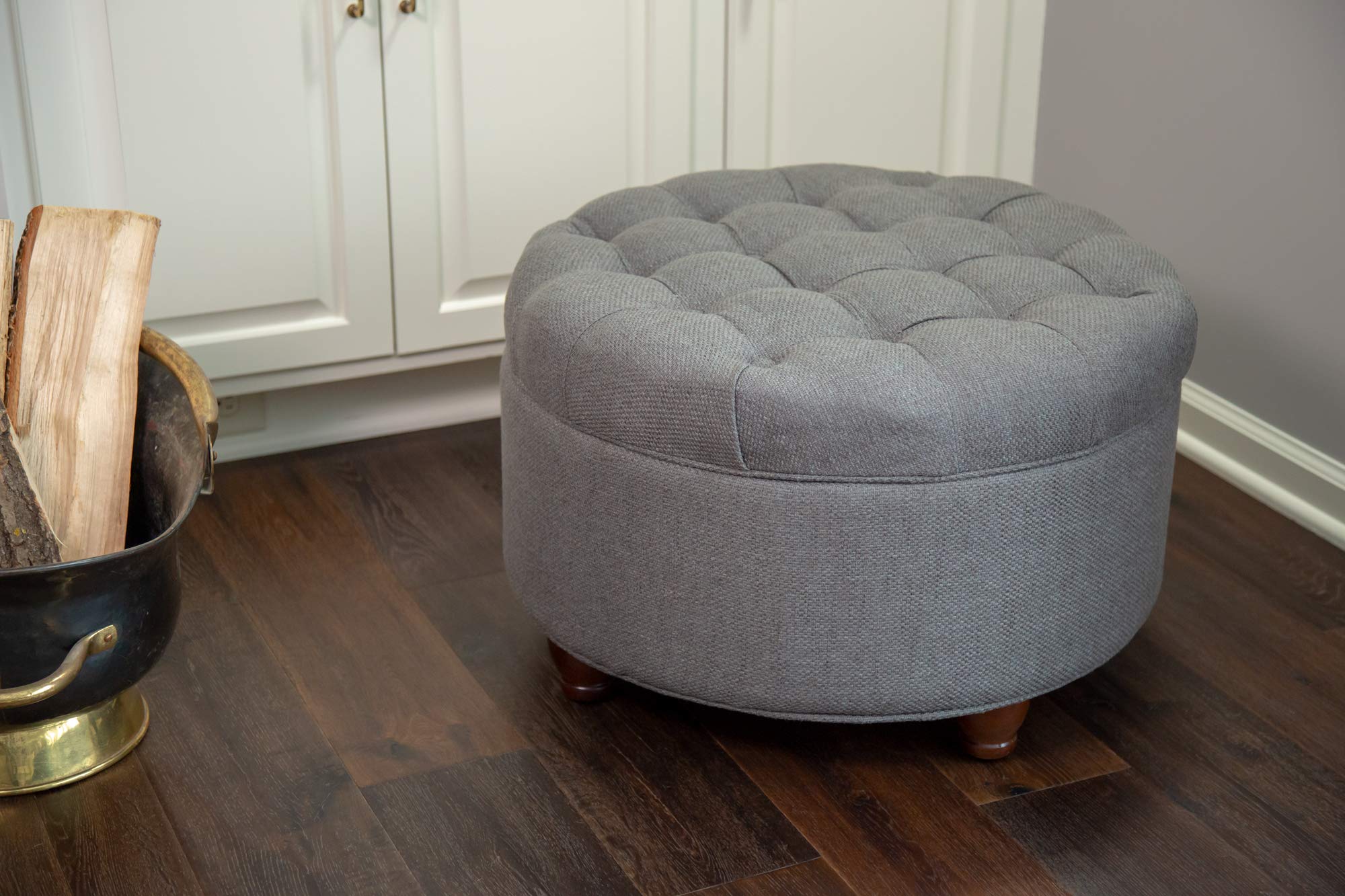 Homepop Button Tufted Woven Round Storage Ottoman - Dark Gray Storage Footrest for Living Room & Bedroom | Perfect for Small Space Organization & Extra Seating