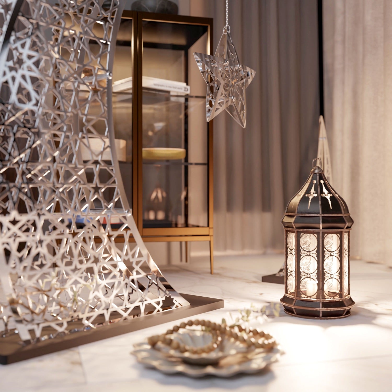 Elegant Crescent & Star Ramadan Decor - Metal Islamic Wall Hanging for Home, Mosque & Eid Celebration Decorations