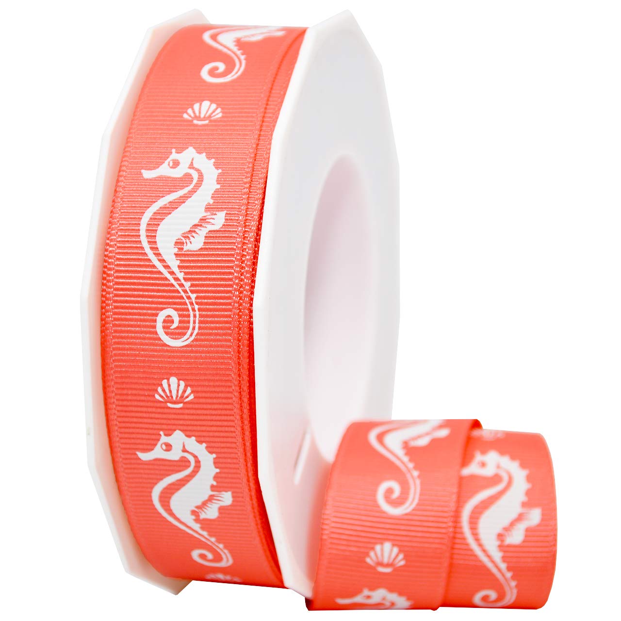 Morex Ribbon Coastal Celebrations - 7/8 Inch x 20 Yards Sea Horse Design Ribbon in Coral Color | Perfect for Beach Party Decorations, Gift Wrapping, and DIY Crafts