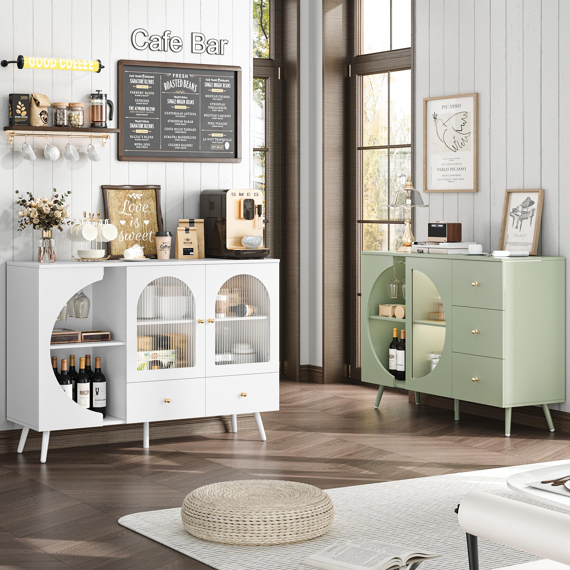 Modern White Coffee Bar Cabinet with 2 Drawers & Fluted Glass Door - Buffet Sideboard for Wine Storage, Perfect for Kitchen, Dining Room & Living Room - Stylish Home Bar Furniture for Entertaining Guests