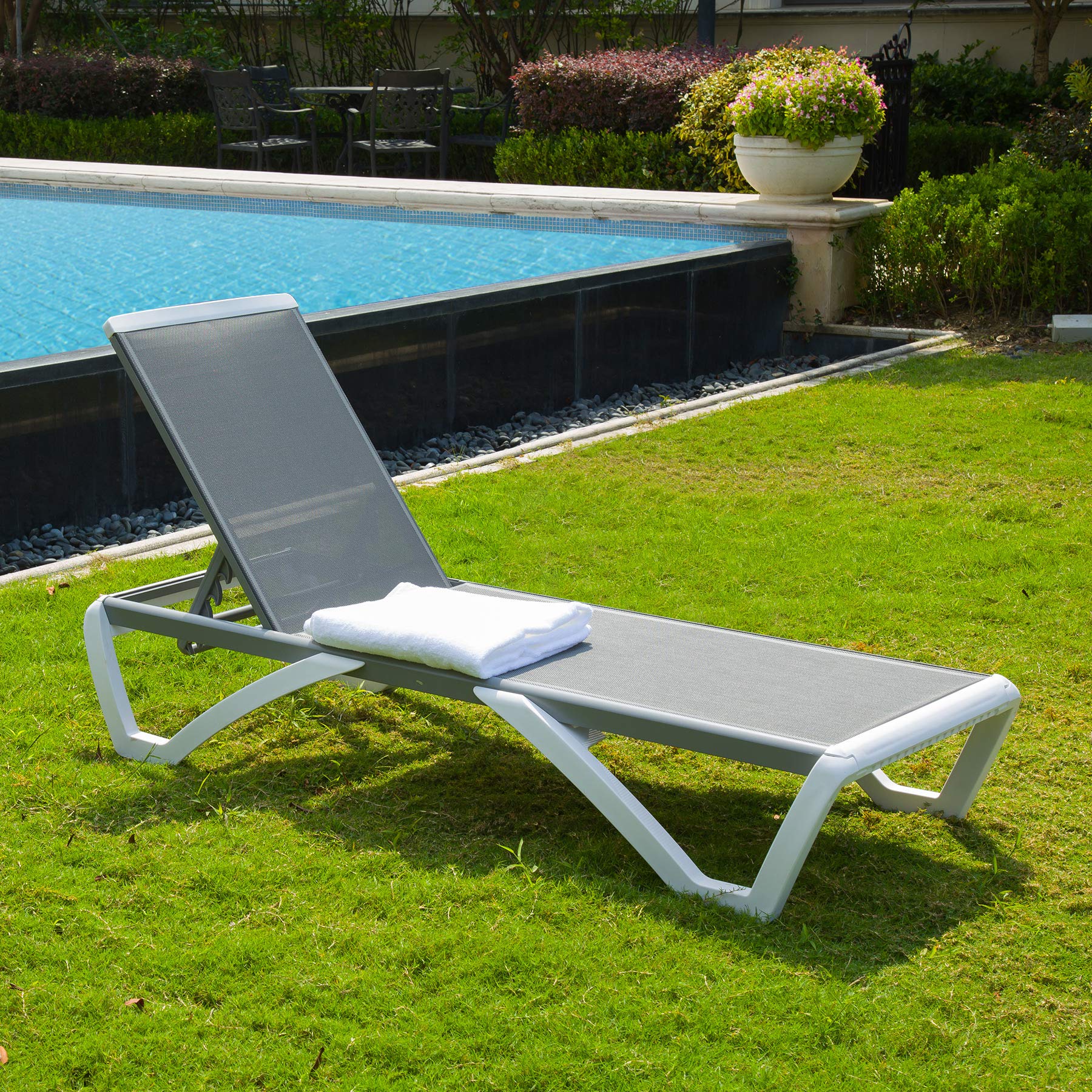 Domi Outdoor Living Adjustable Aluminum Patio Chaise Lounge - Lightweight Plastic Pool Lounge Chair with Reclining Back (Grey) - Perfect for Backyard, Poolside & Beach Relaxation