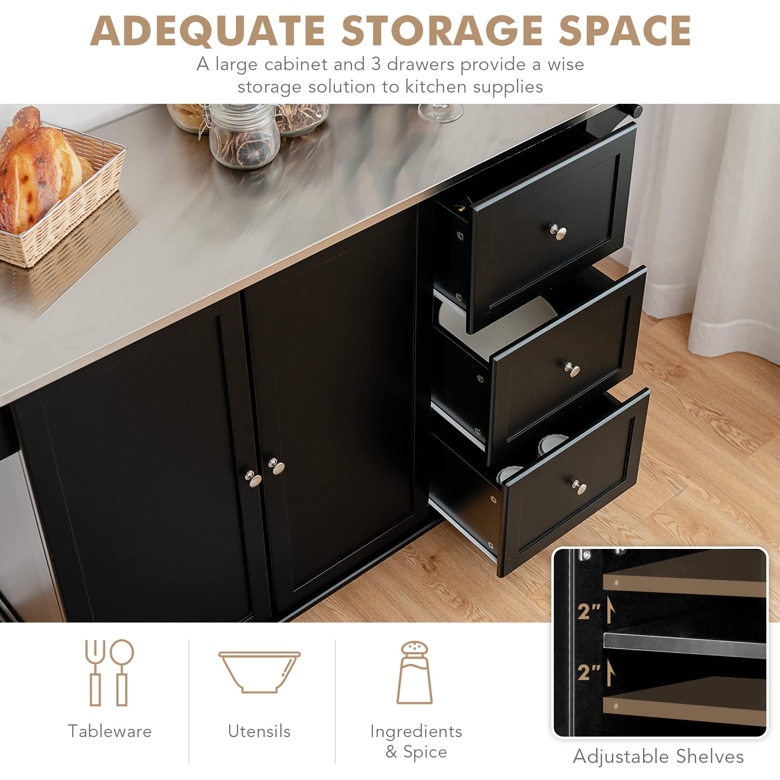 Giantex Kitchen Island with Stainless Steel Countertop - Mobile Kitchen Cart with 3 Drawers, Adjustable Shelves, 2-Door Cabinet & Spice Rack - Perfect for Small Kitchens, Food Prep & Extra Storage Space