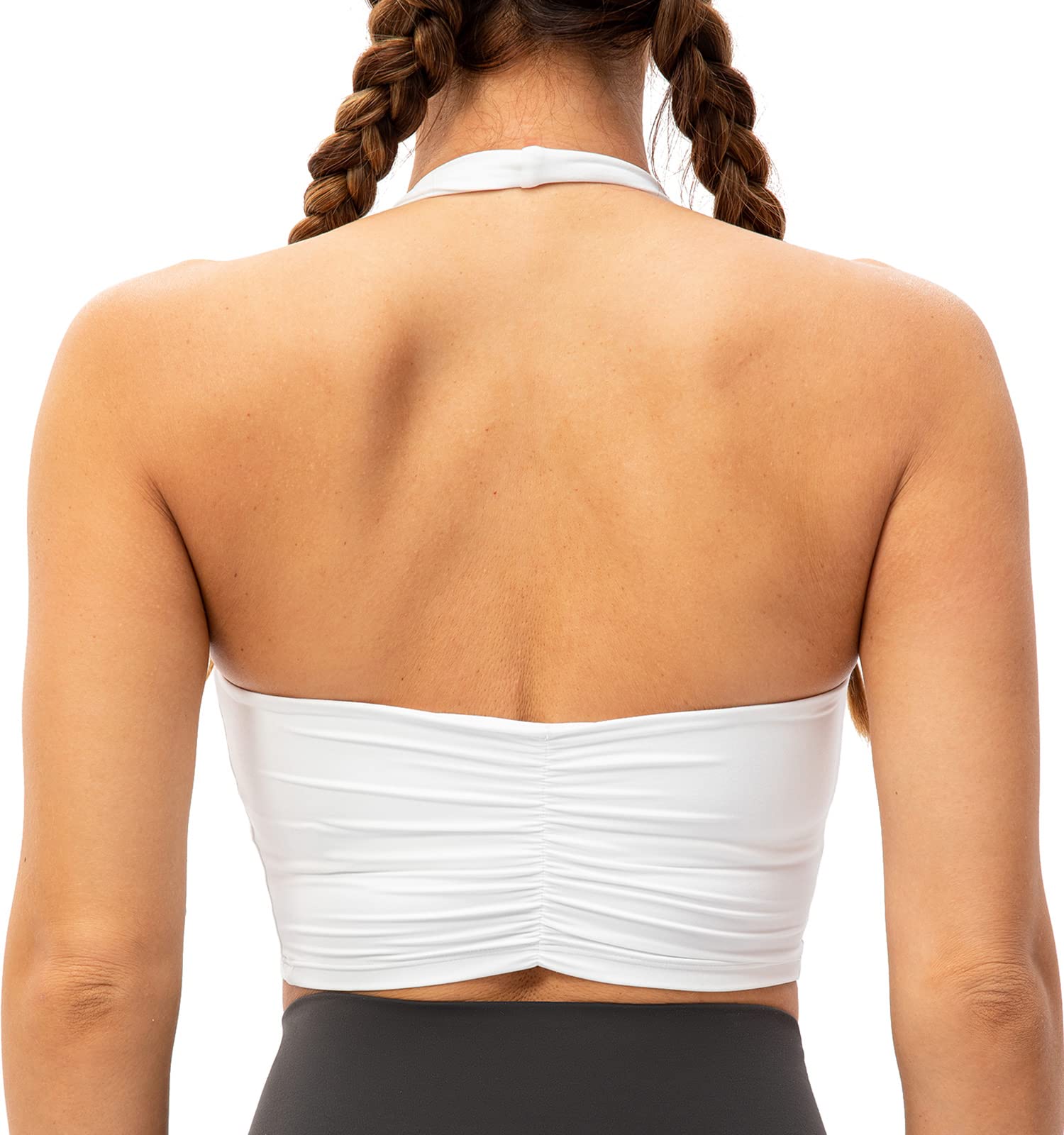 Lavento Women's Halter Sports Bra - Pleated Longline Padded Yoga Crop Top for Workout, Running & Gym | Breathable & Supportive Activewear for Women
