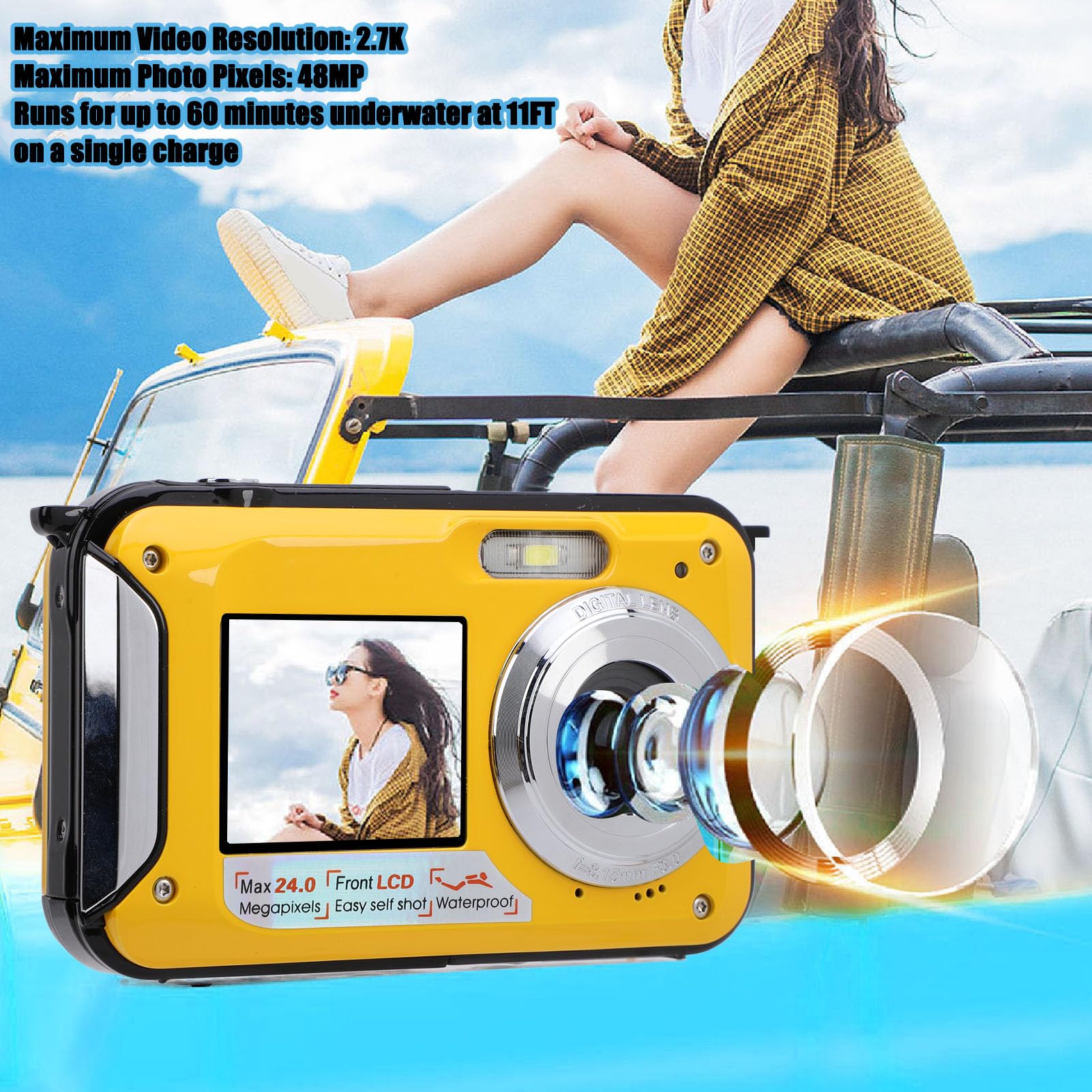 2.7K Waterproof Digital Camera - 48MP Full HD Underwater Camera with 16X Zoom, 11FT Water Resistant for Snorkeling, Diving & Swimming - Compact & Lightweight (Yellow) - Perfect for Beach Vacations, Pool Parties & Marine Photography