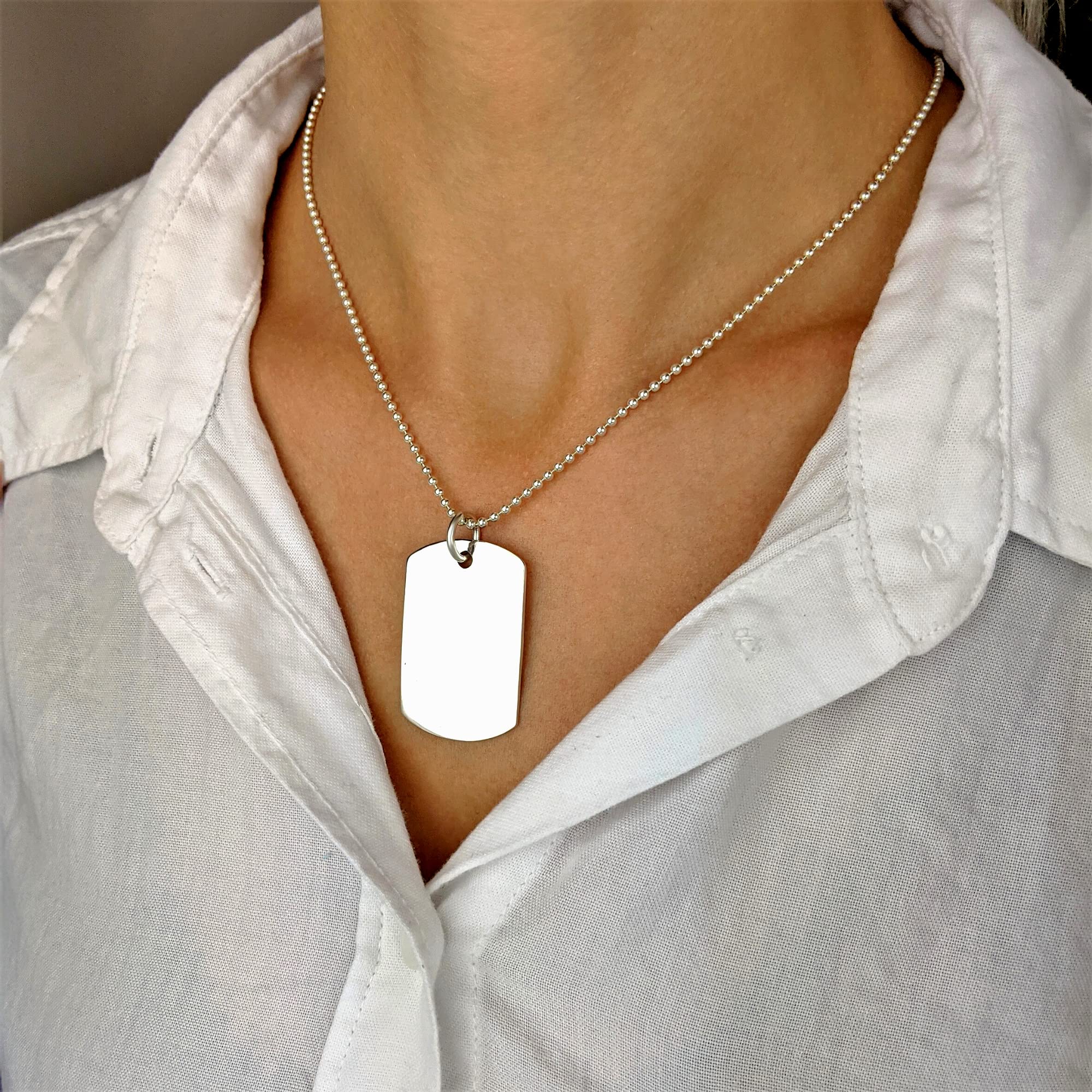 Silverly Women's 925 Sterling Silver Large Military Dog Tag Pendant with 180 Gauge Ball Chain Necklace, 46cm - Perfect for Everyday Wear, Gifts & Military-Inspired Fashion