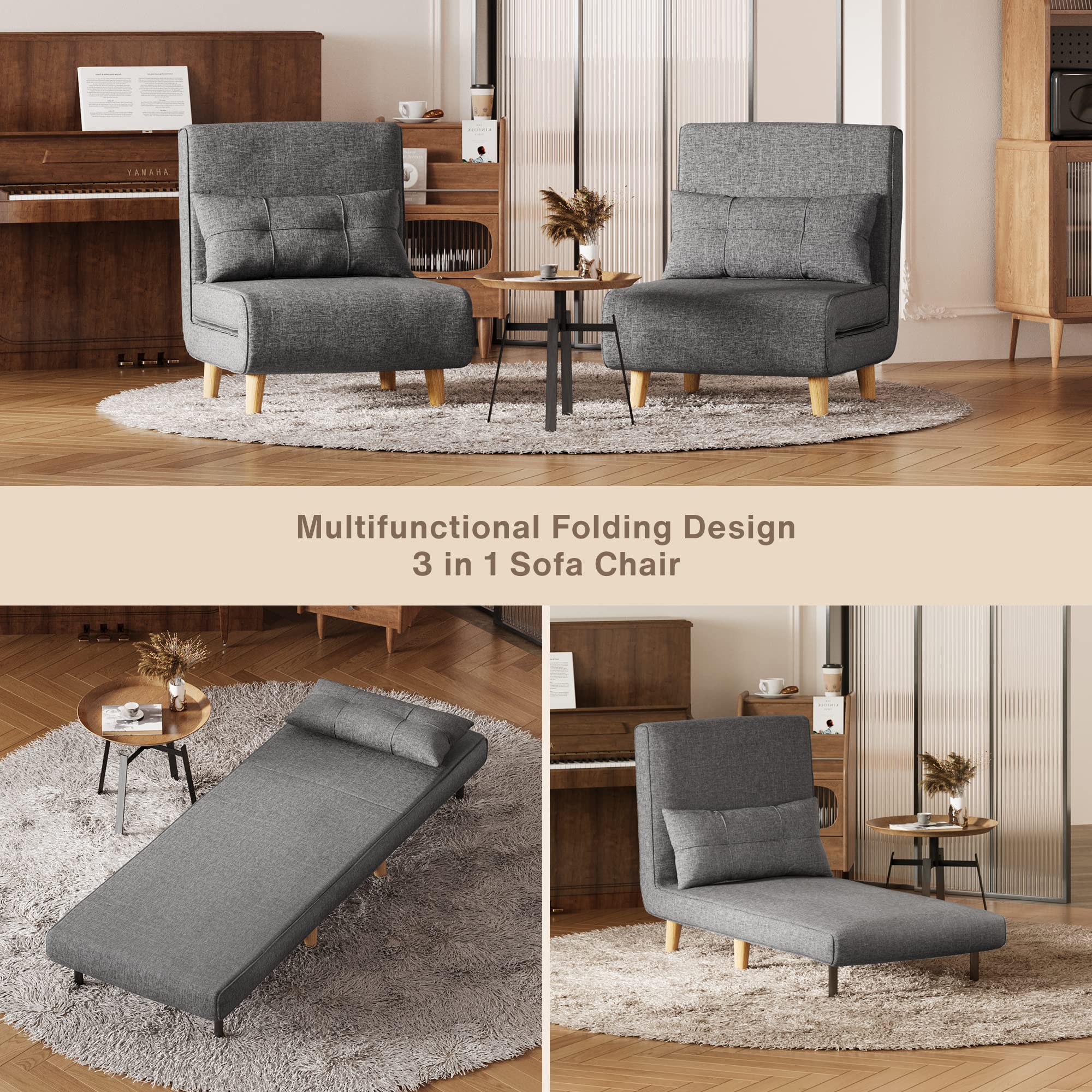AIHO 3-in-1 Convertible Sleeper Chair Bed - Adjustable Backrest Futon Sofa for Small Spaces | Guest Bed, Lounge Chair & Daybed for Apartments, Dorms, Offices & Living Rooms (Dark Grey) - Perfect for Overnight Guests, Napping & Space-Saving Solutions