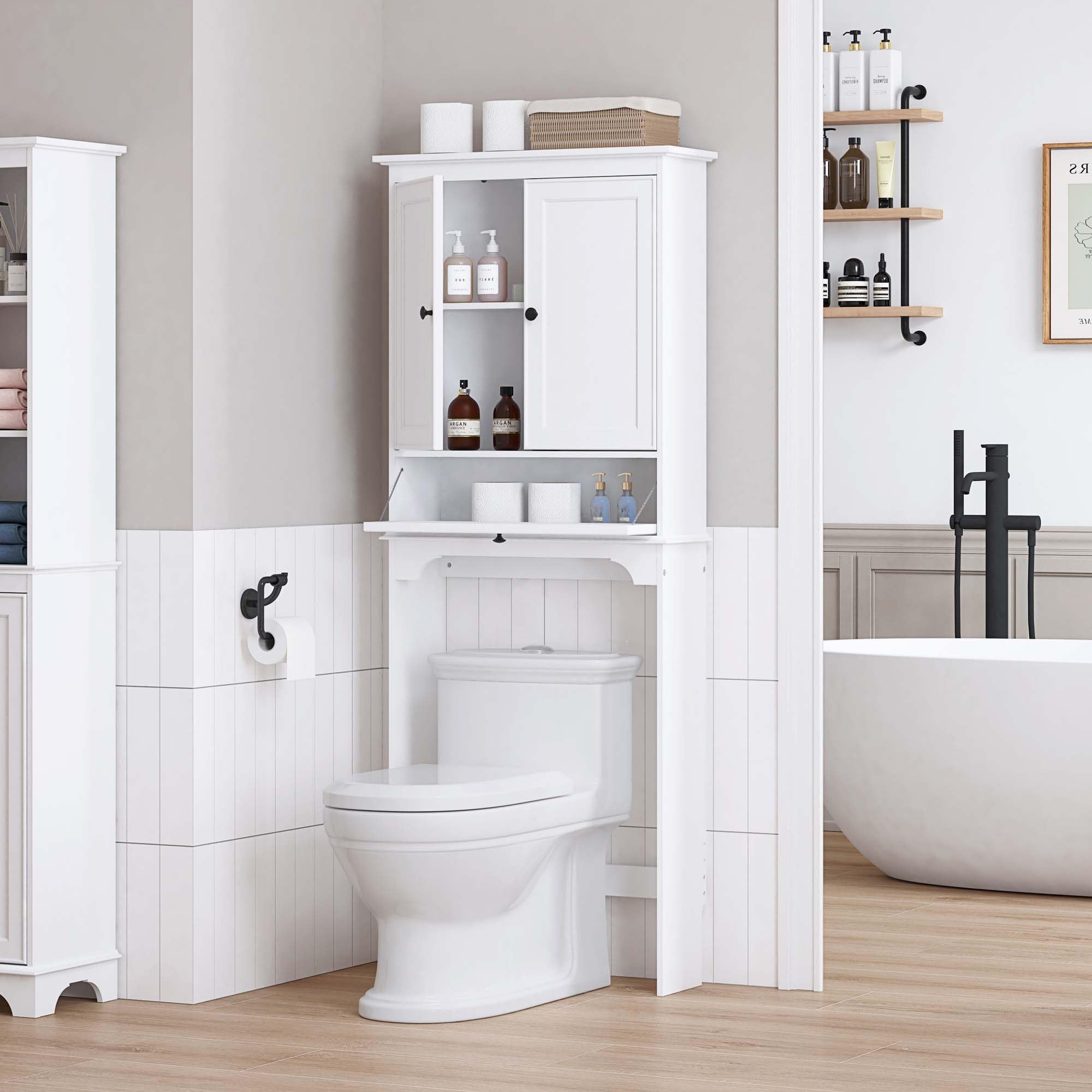 Spirich Over The Toilet Storage Cabinet with Doors & Adjustable Shelves - White Bathroom Organizer for Towels, Toiletries & Cleaning Supplies | Space-Saving Solution for Small Bathrooms & Apartments