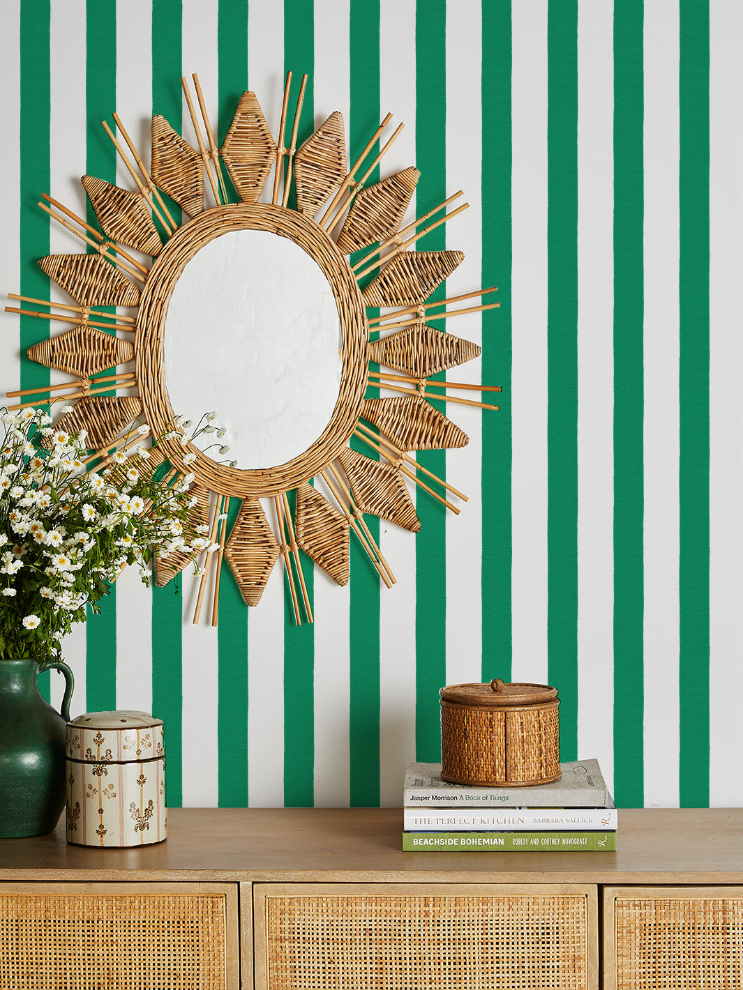 Sarah Jessica Parker Emerald Grosgrain Stripe White Wallpaper - Elegant Home Decor for Living Room, Bedroom & Dining Area