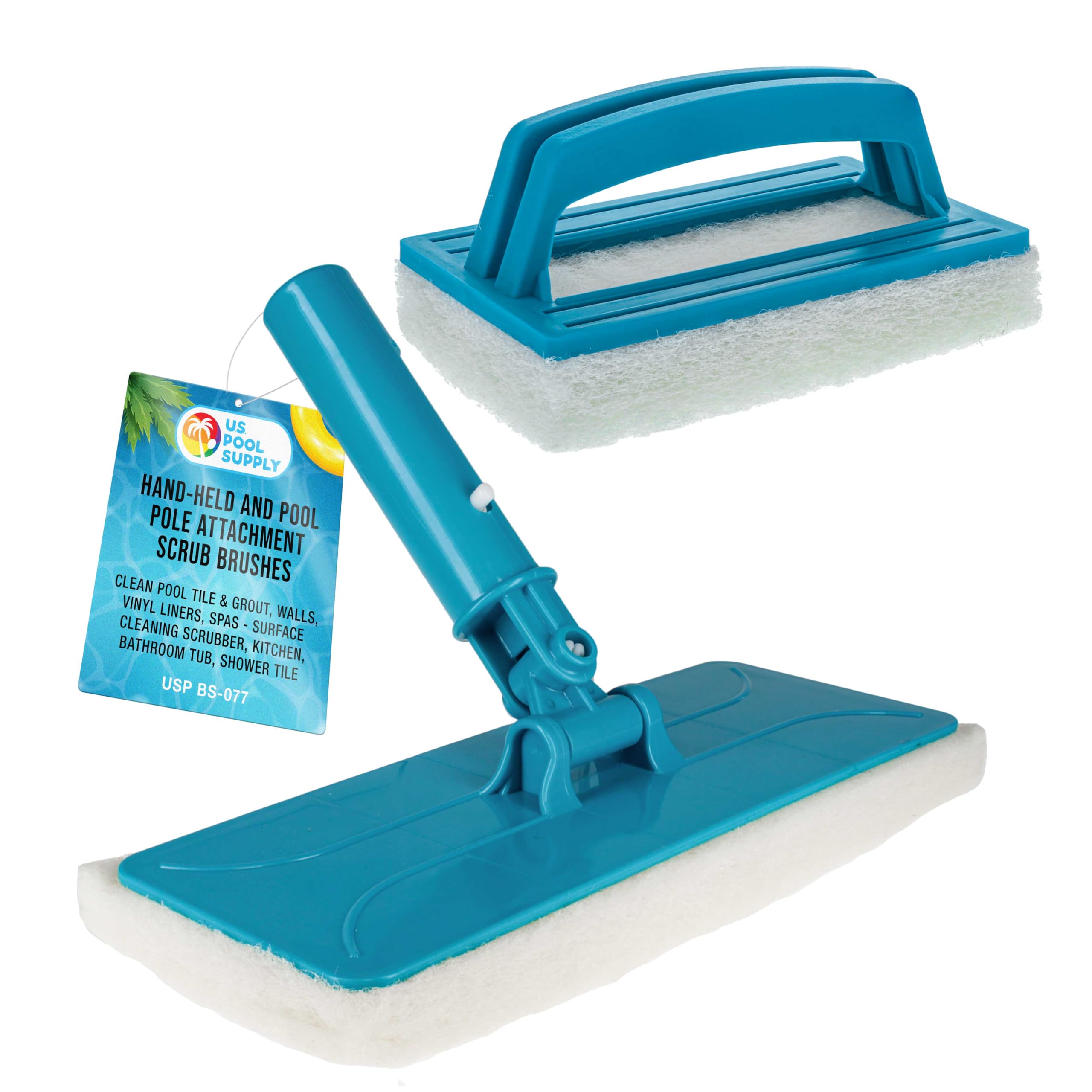 U.S. Pool Supply Handheld & Pole Attachment Scrub Brushes - Heavy Duty Surface Cleaning Sponge Pads for Pool Tile, Grout, Vinyl Liners & Spas - Stain Remover for Kitchen, Bathroom, Tub & Shower - Perfect for Pool Maintenance & Household Deep Cleaning