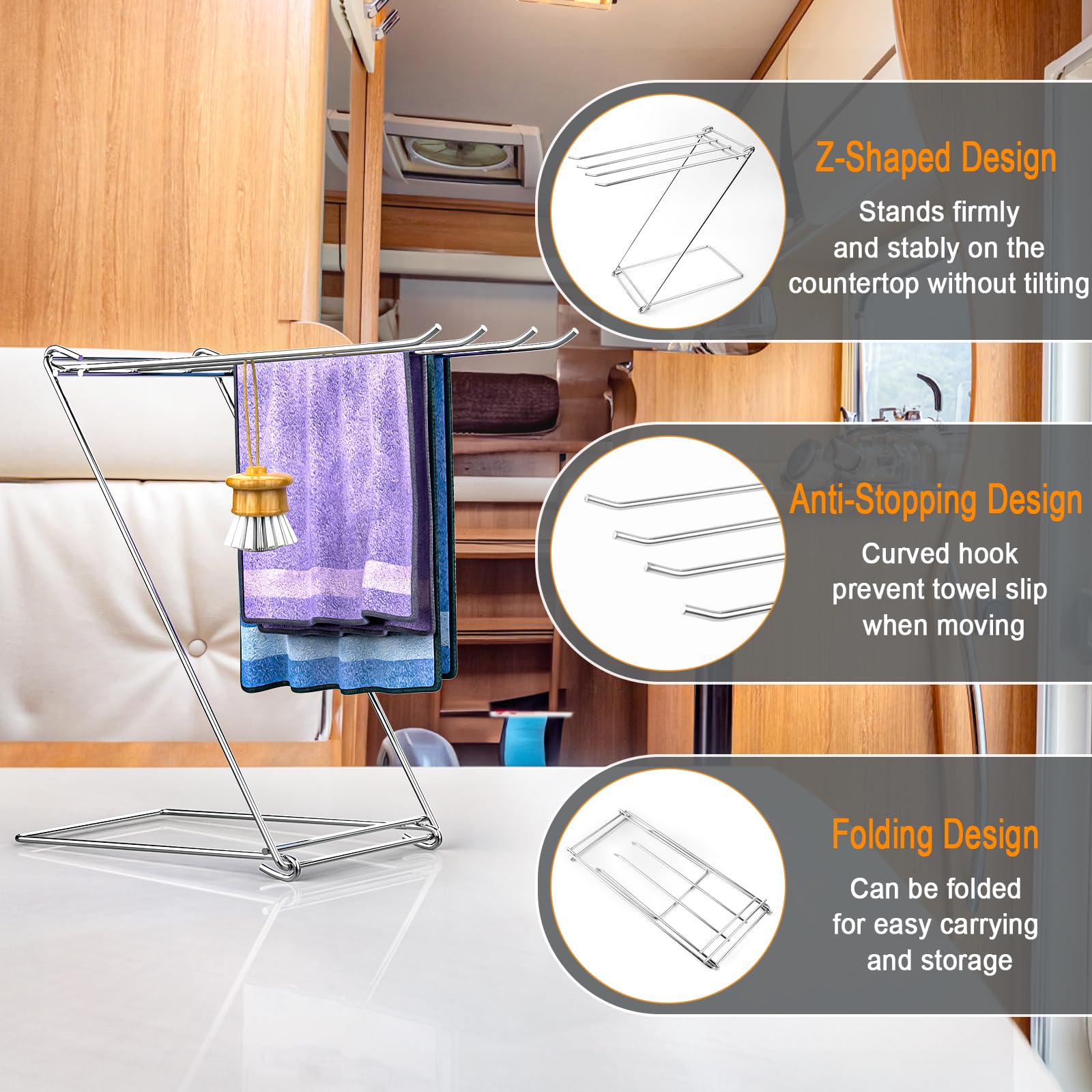 4-Arm Z-Shaped Folding Kitchen Towel Holder Stand - Free Standing Countertop Dish Towel Rack for Bathroom & Kitchen - Hand Towel & Washcloth Drying Organizer - Perfect for Drying Dishes, Napkins & Cleaning Cloths After Cooking or Washing