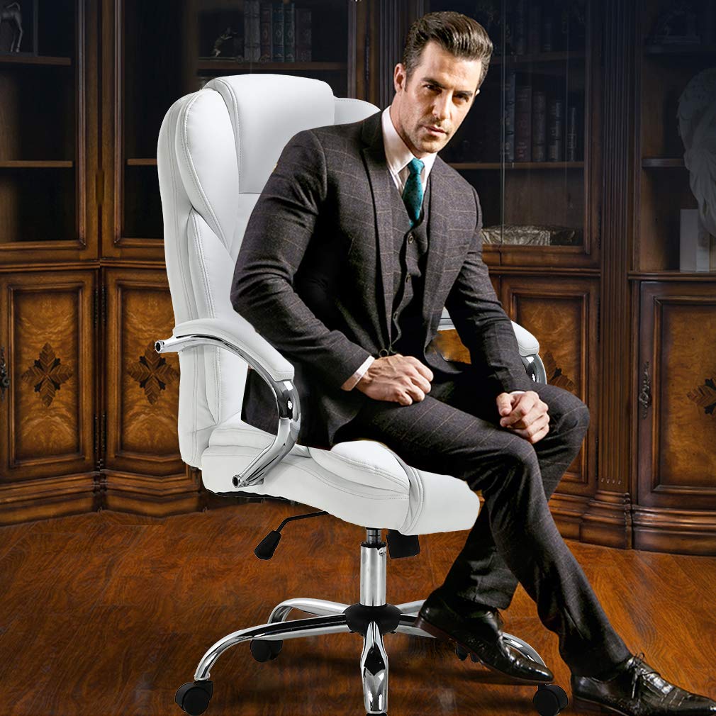 Ergonomic Office Chair - Adjustable High Back PU Leather Computer Desk Chair with Lumbar Support, Swivel & Rolling Wheels for Home/Office Use - Comfortable Executive Task Chair for Women & Men (White)