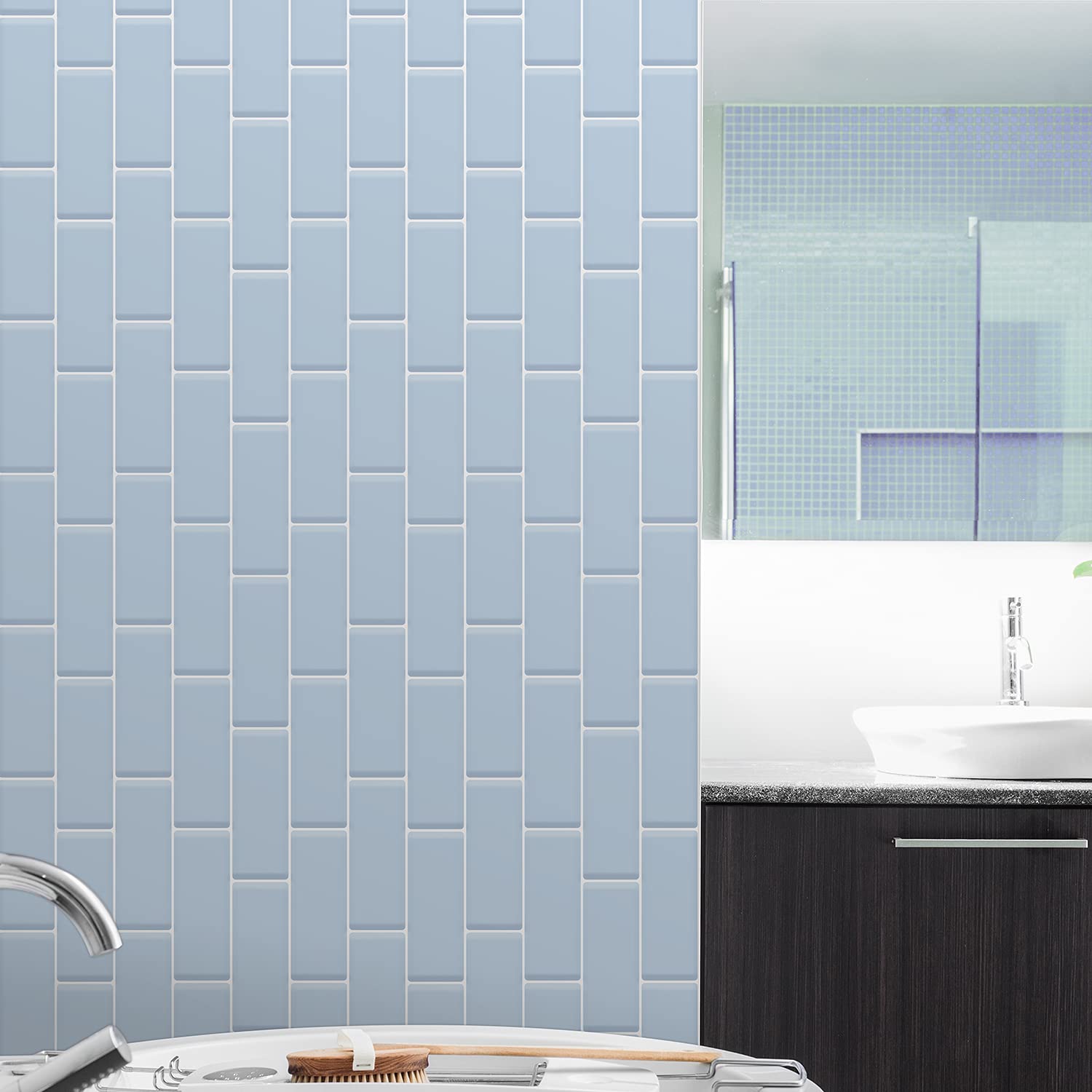 WALPLUS 60 Sheets Serenity Light Blue Glossy 3D Peel and Stick Wall Tiles (30x15cm) - Waterproof Vinyl Backsplash Stickers for Kitchen, Bathroom, Shower Decor - Easy DIY Home Renovation for Spring & Easter Decoration